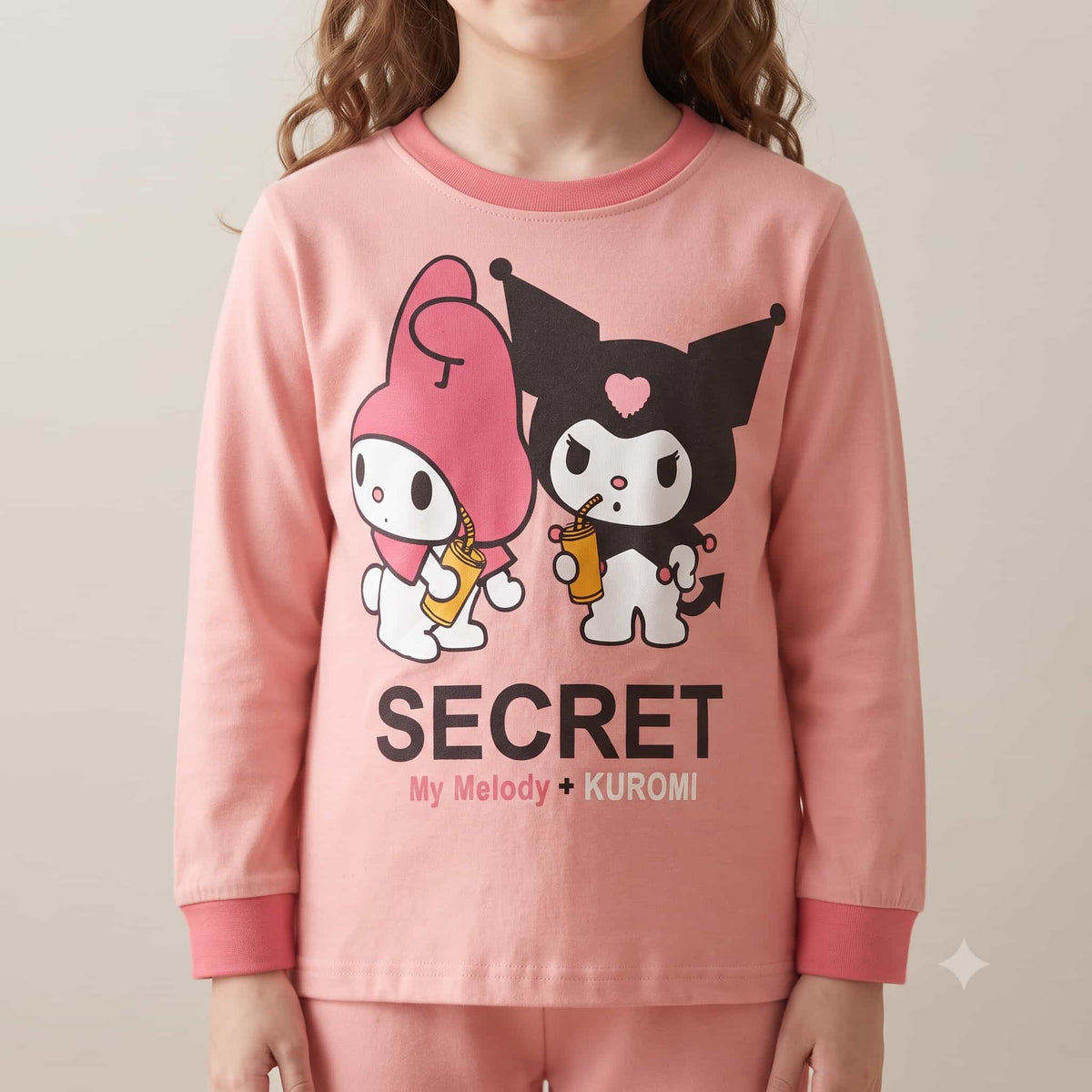 Kuromi & Melody Girls Full Sleeves Pajama Set – Peach Pink