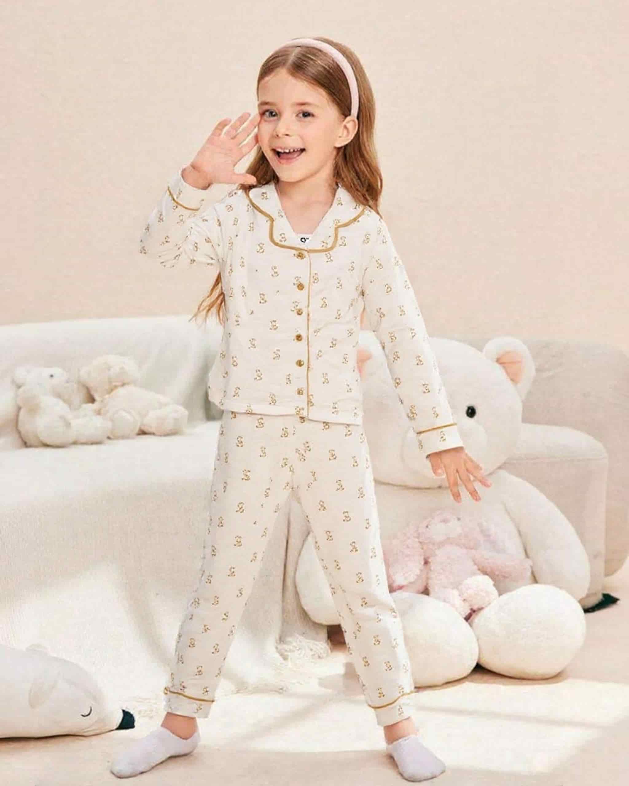Cute Bunny Baby Full Sleeves Girl Pajama Set- White