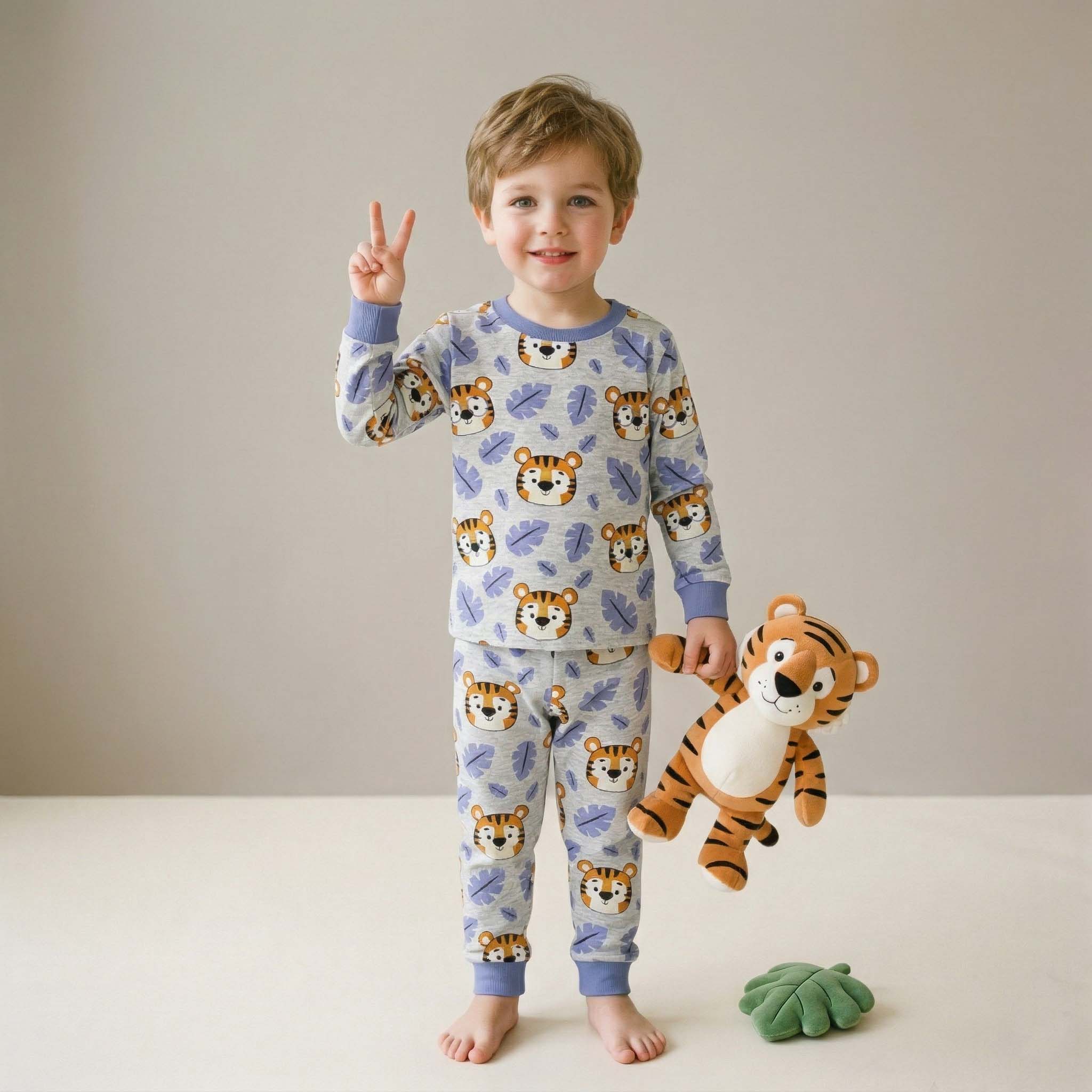 Baby Tiger Boys Full Sleeves Pajama Set - Grey & Blue