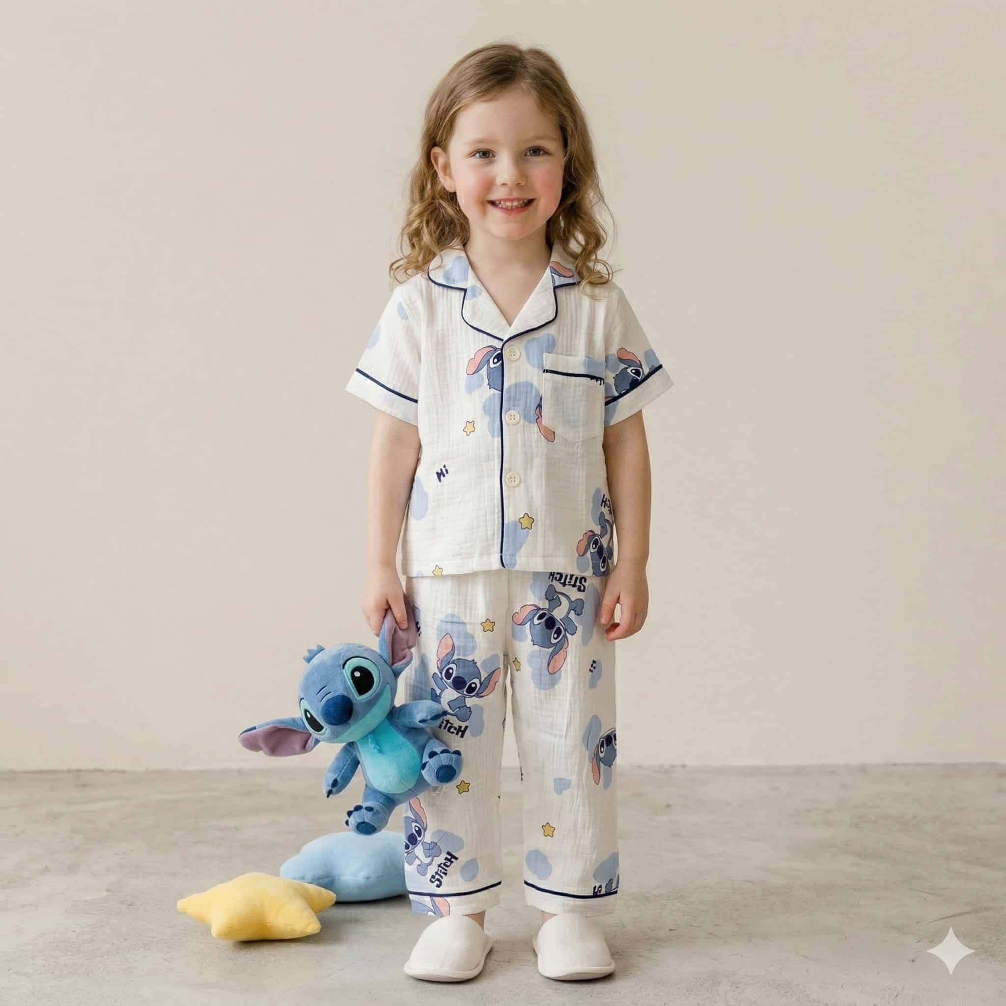 Stitch Girls Half Sleeves Pajama Set- White