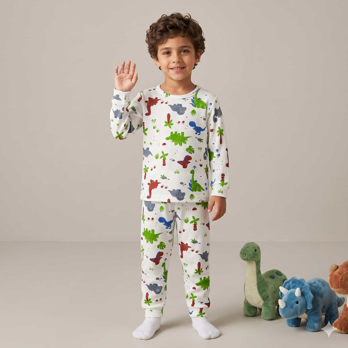 Dino Safari Boys Full Sleeves Pajama Set – Ivory White