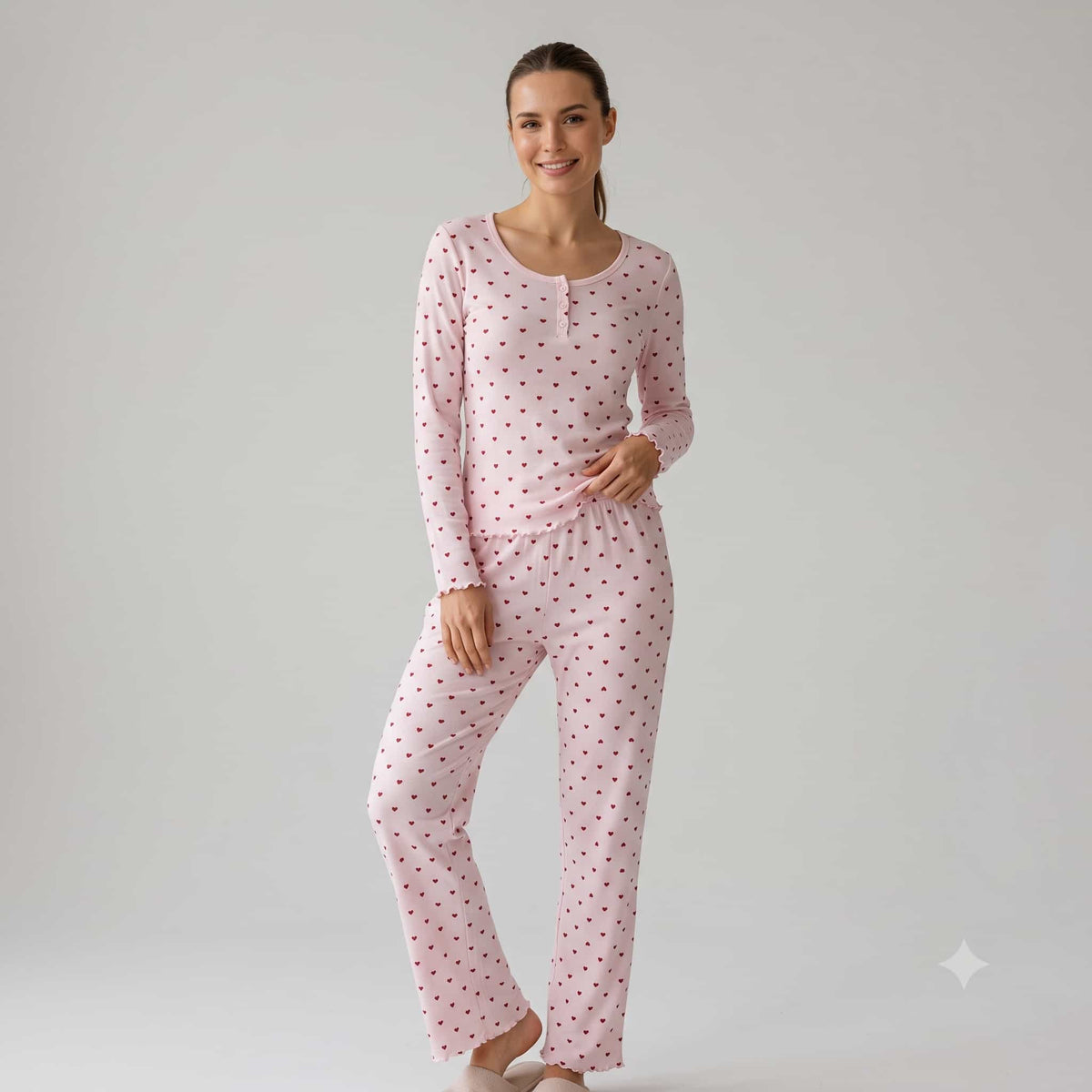 Heart Bloom Women Full Sleeves Pajama Set – Pink