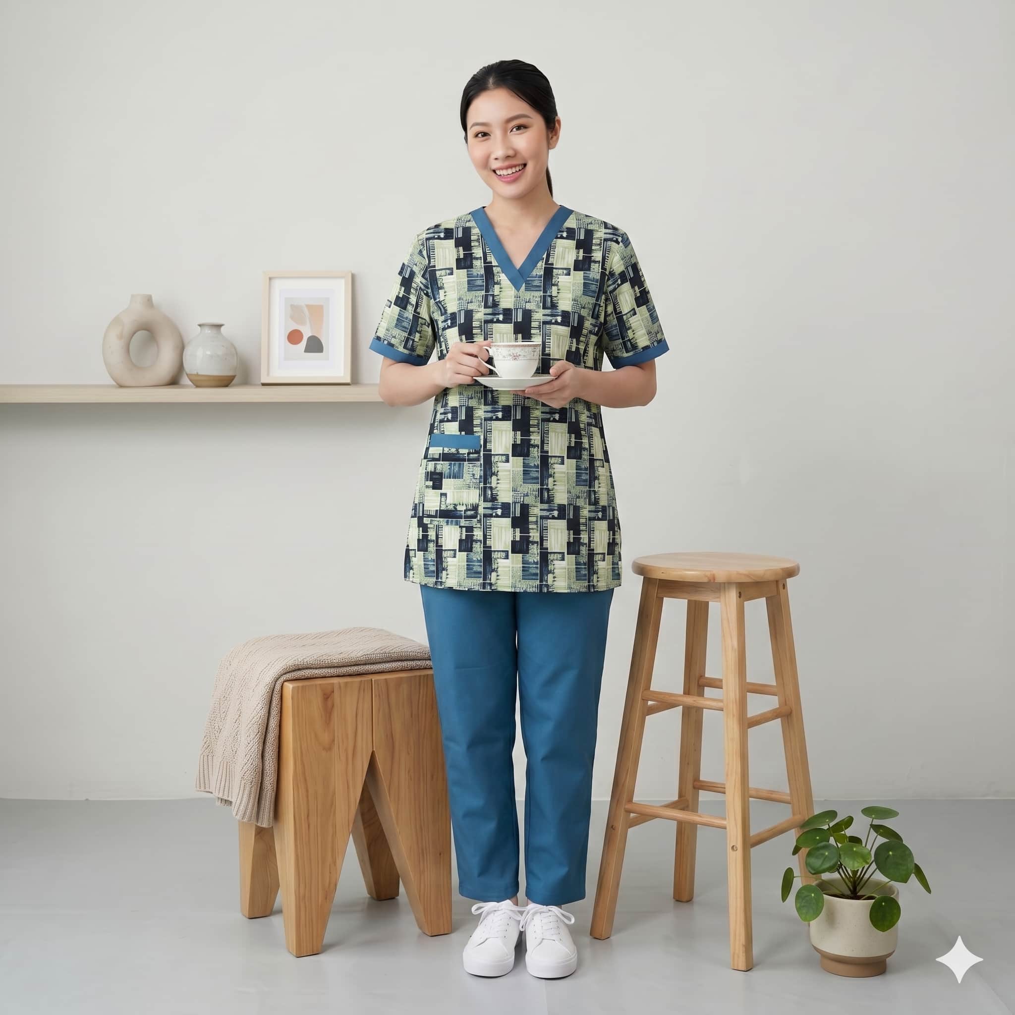 Sage Mosaic Maid Women Uniform Set - Green