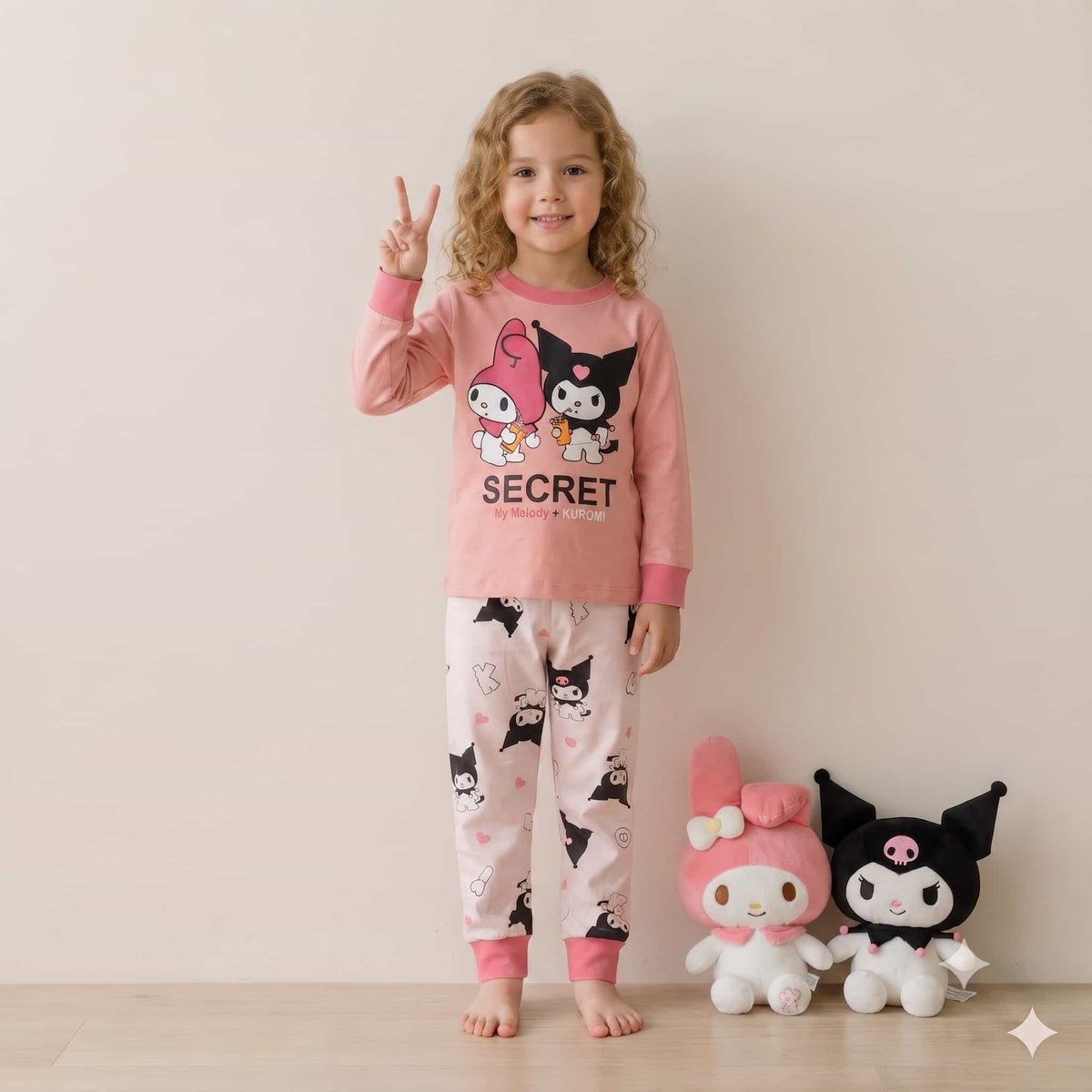 Kuromi & Melody Girls Full Sleeves Pajama Set – Peach Pink