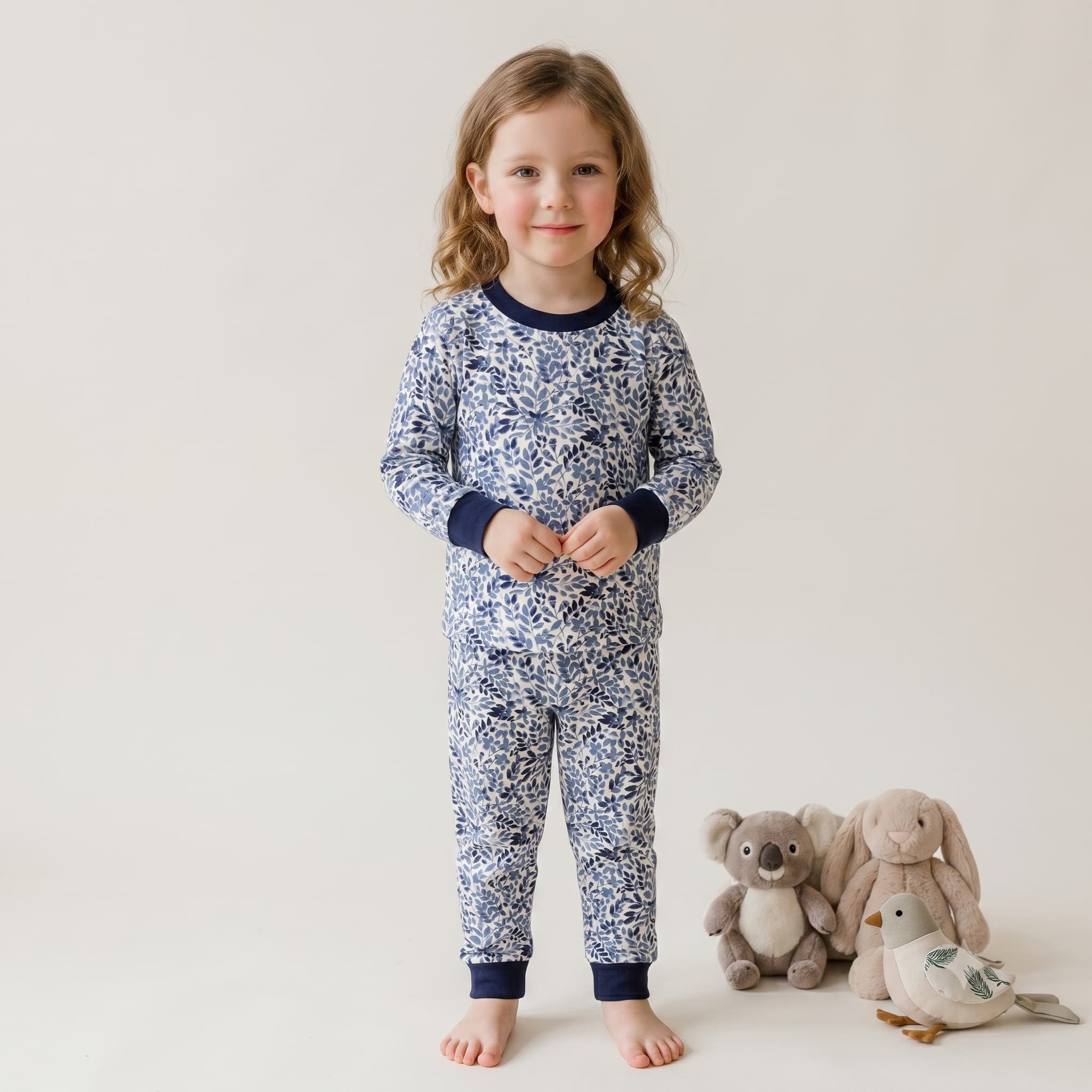 Midnight Foliage Girls Full Sleeves Pajama Set - Navy