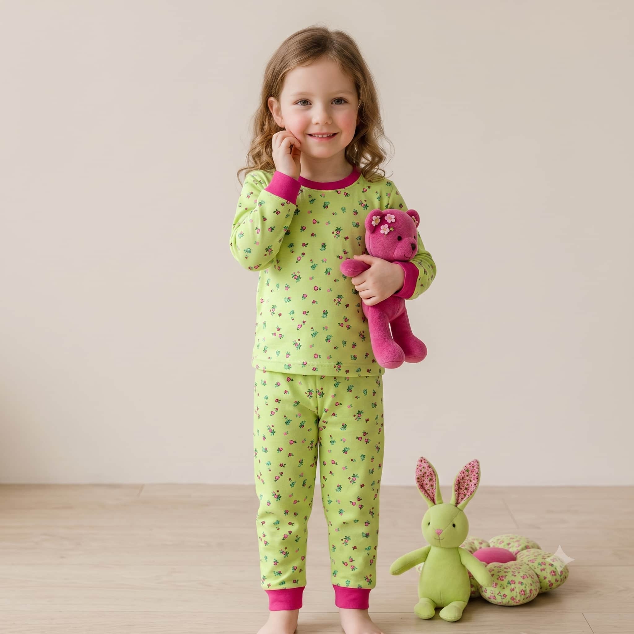 Rabbit Girls Full Sleeves Pajama Set - Lime Green