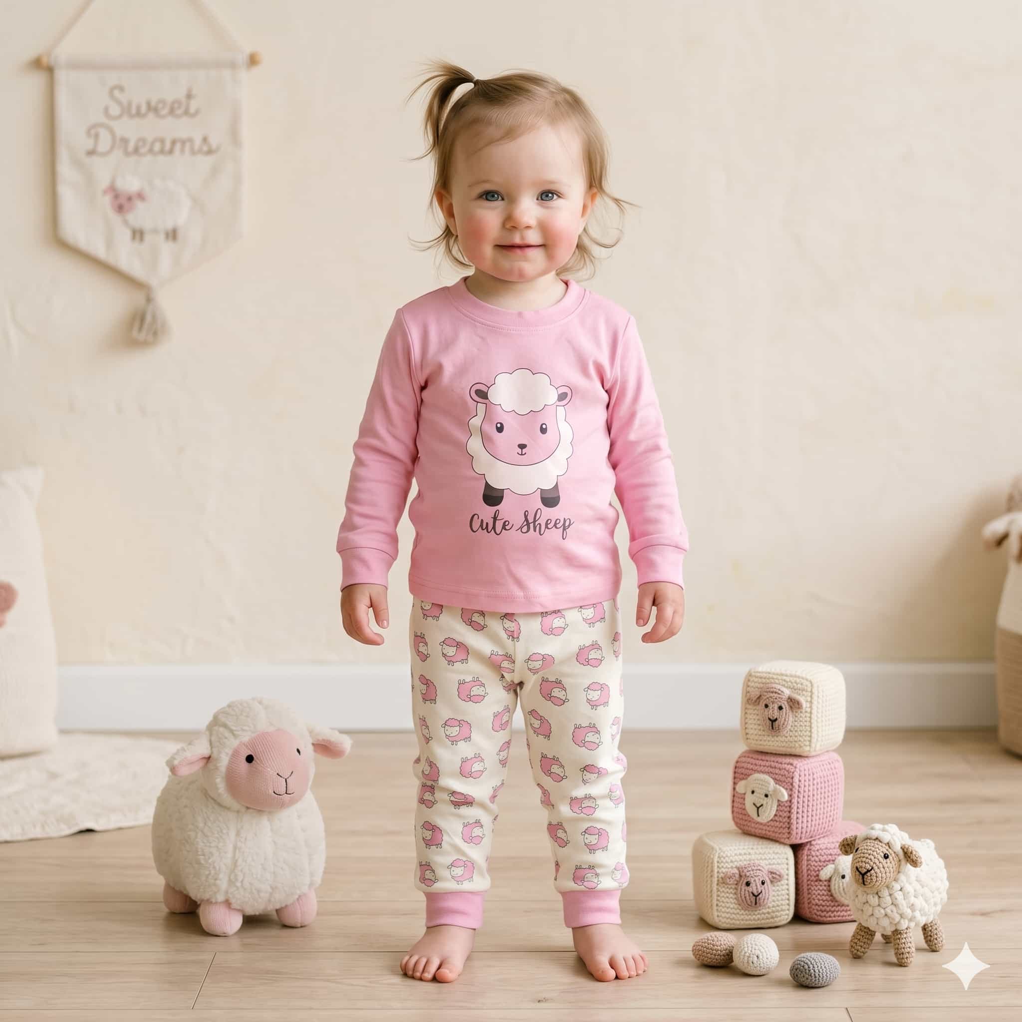 Cute Sheep Baby Girls Full Sleeves Set - Pink