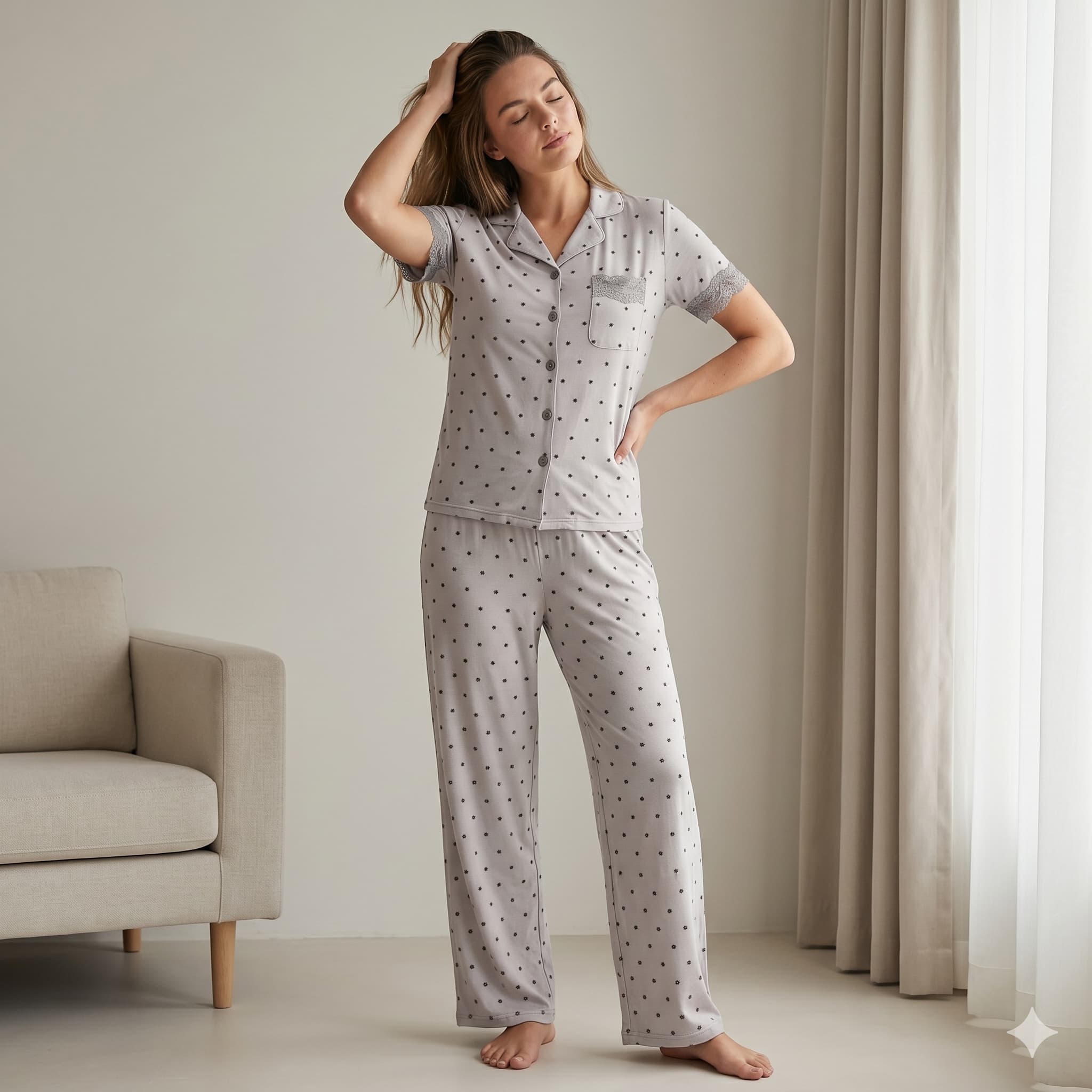 Lunar Lace Women Half Sleeves Pajama Set - Grey