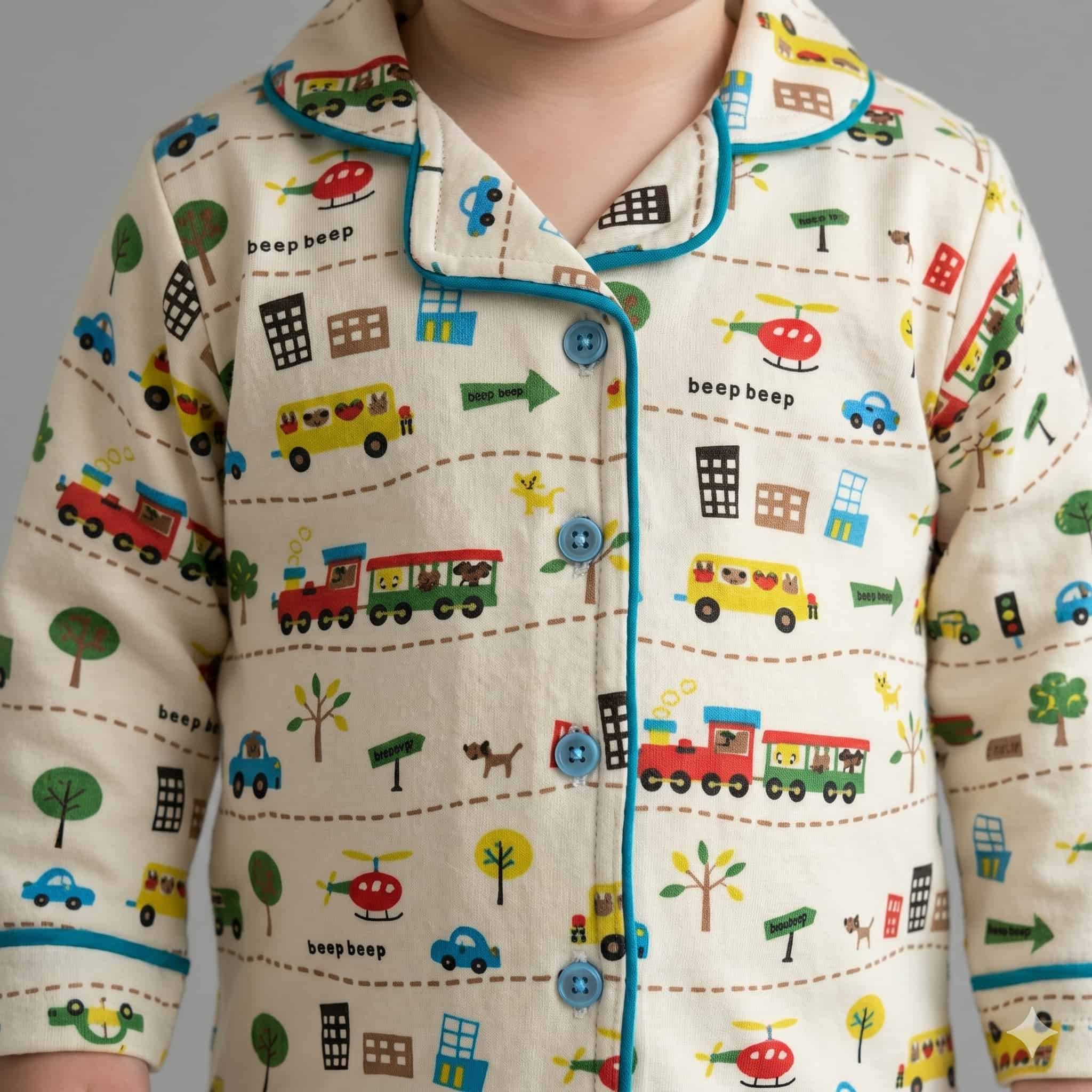Busy Town Baby Boys Full Sleeves Pajama Set - Cream