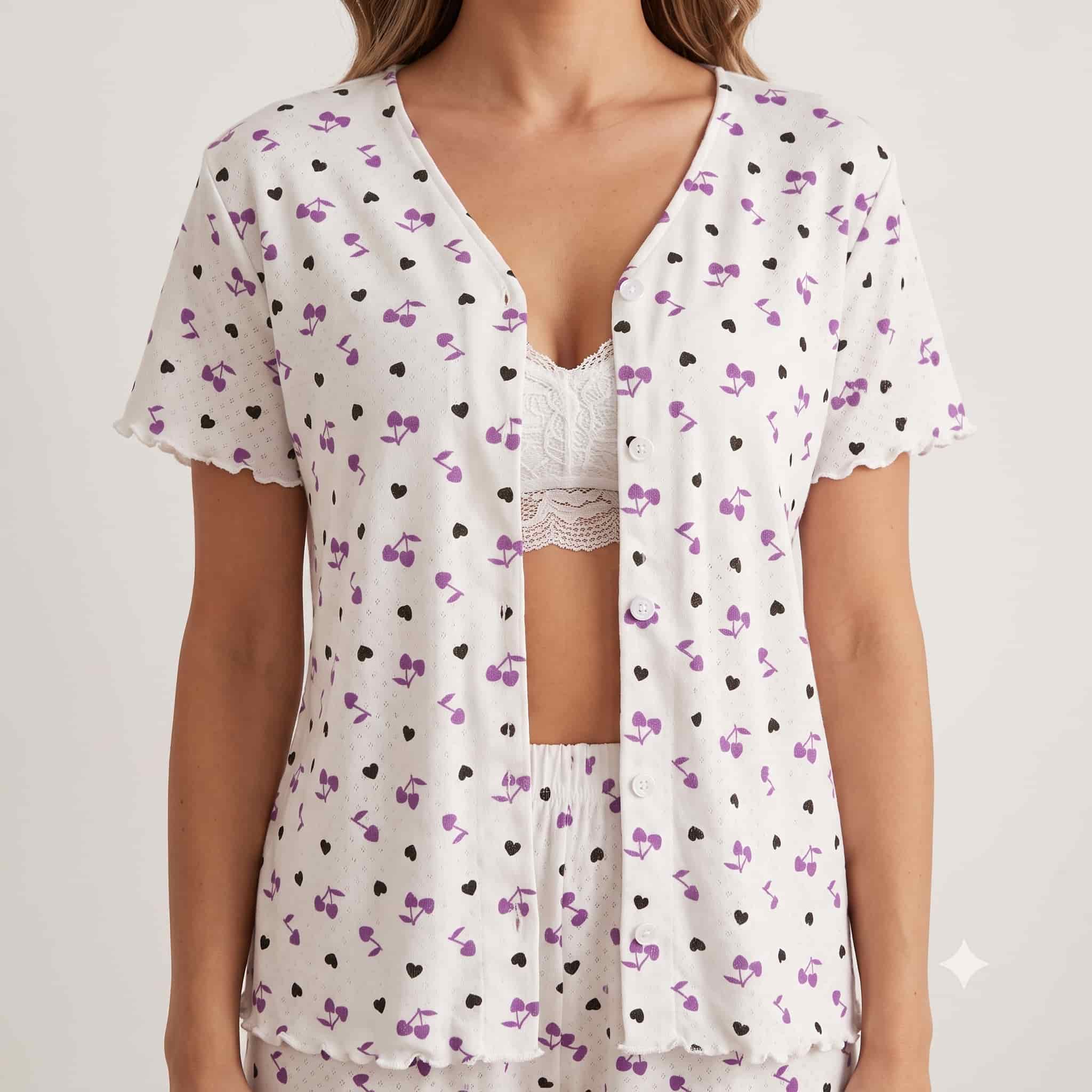Lavender Love Women Half Sleeves Pajama Set – White