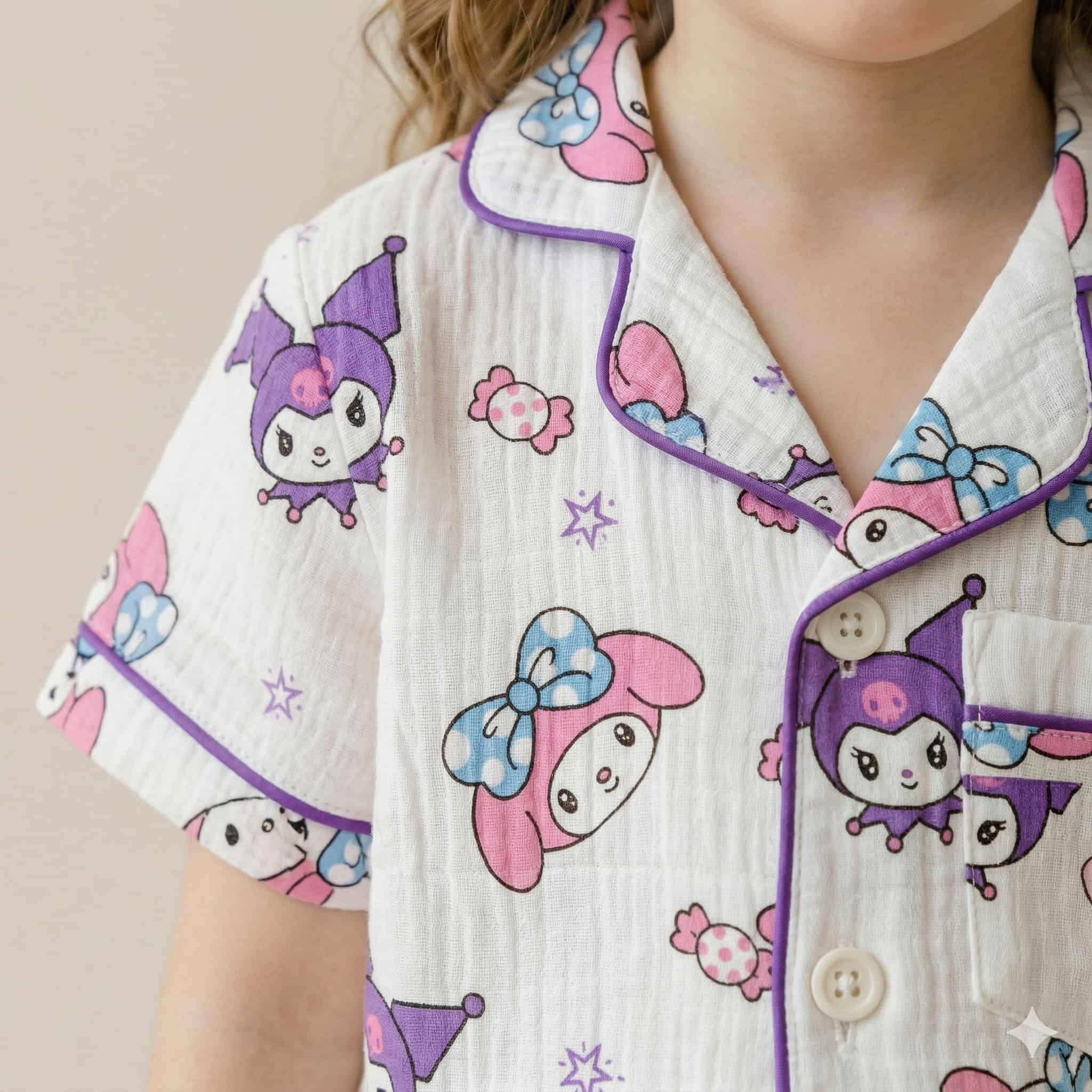 Kuromi Sister Girls Half Sleeves Pajama Set- White