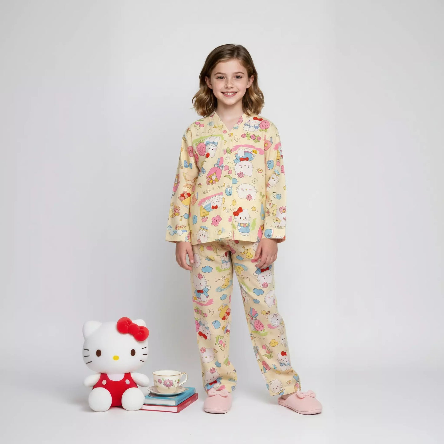 Kitty Girls Woven Rayon Button Pajama Set - Cream
