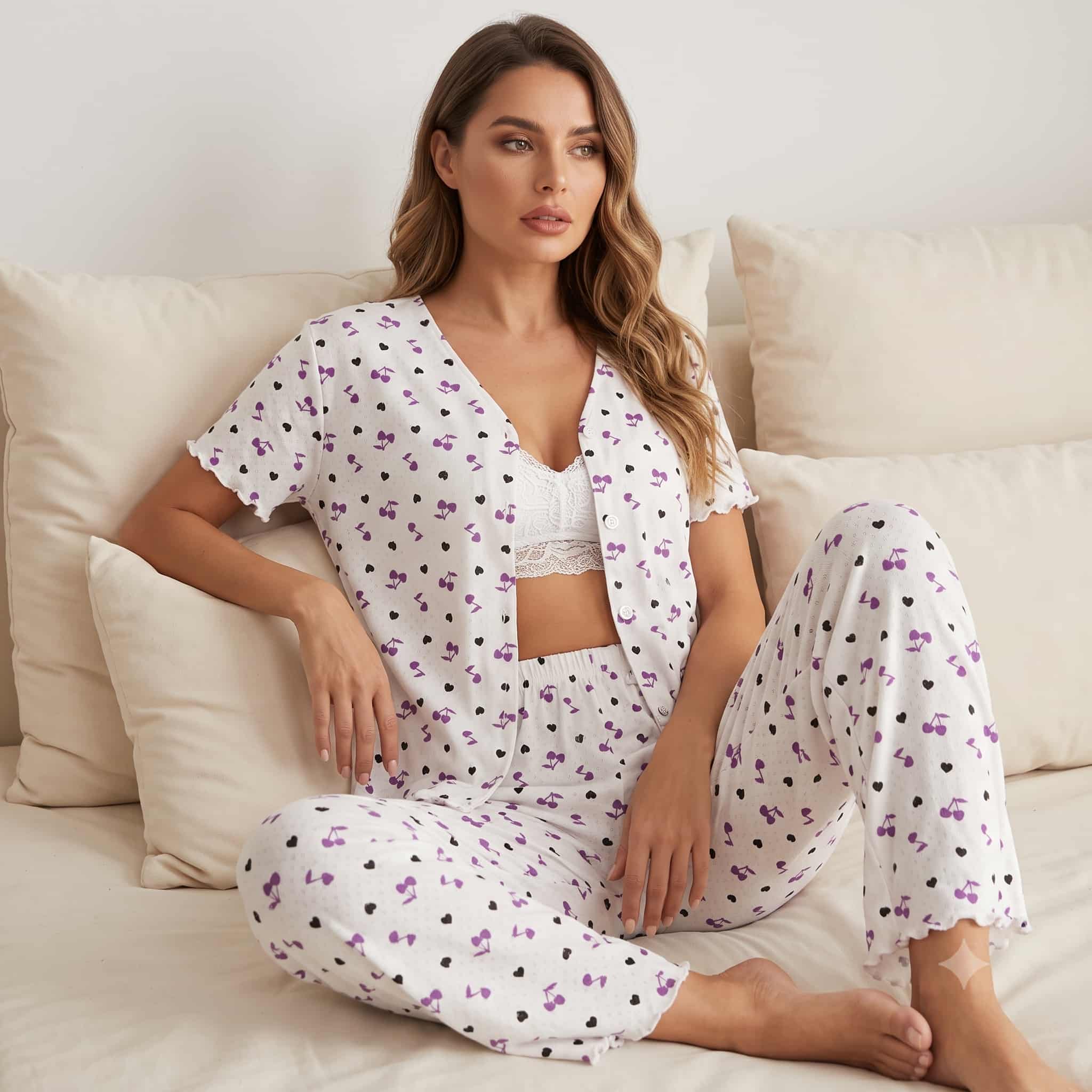 Lavender Love Women Half Sleeves Pajama Set – White