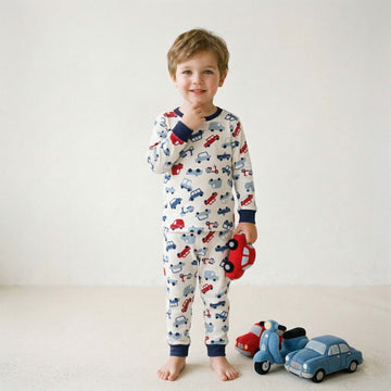 Toy Cars Boys Full Sleeves Pajama Set - White