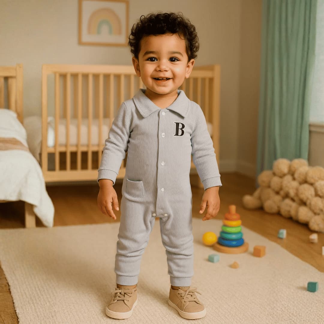 B Collar Baby Boy Bodysuit- Light Grey