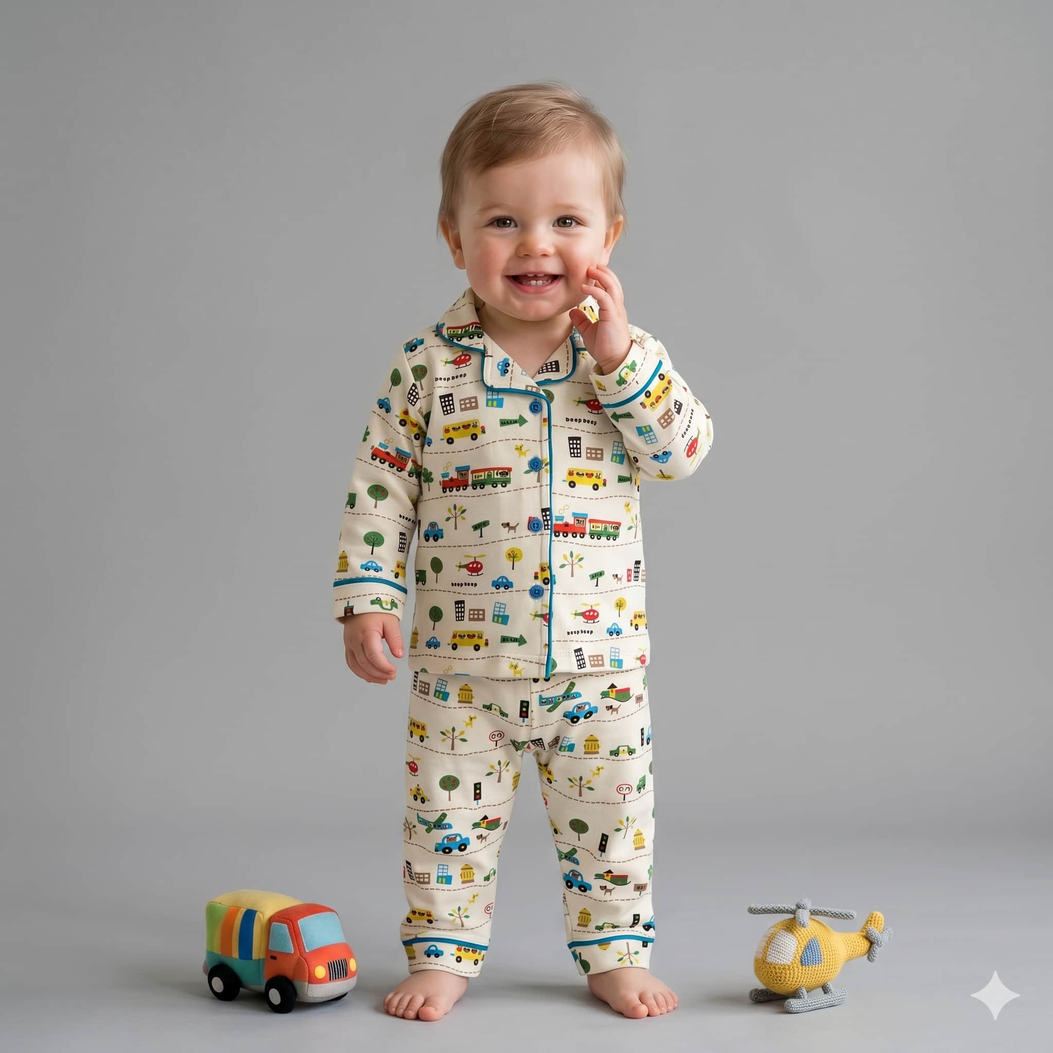 Busy Town Baby Boys Full Sleeves Pajama Set - Cream