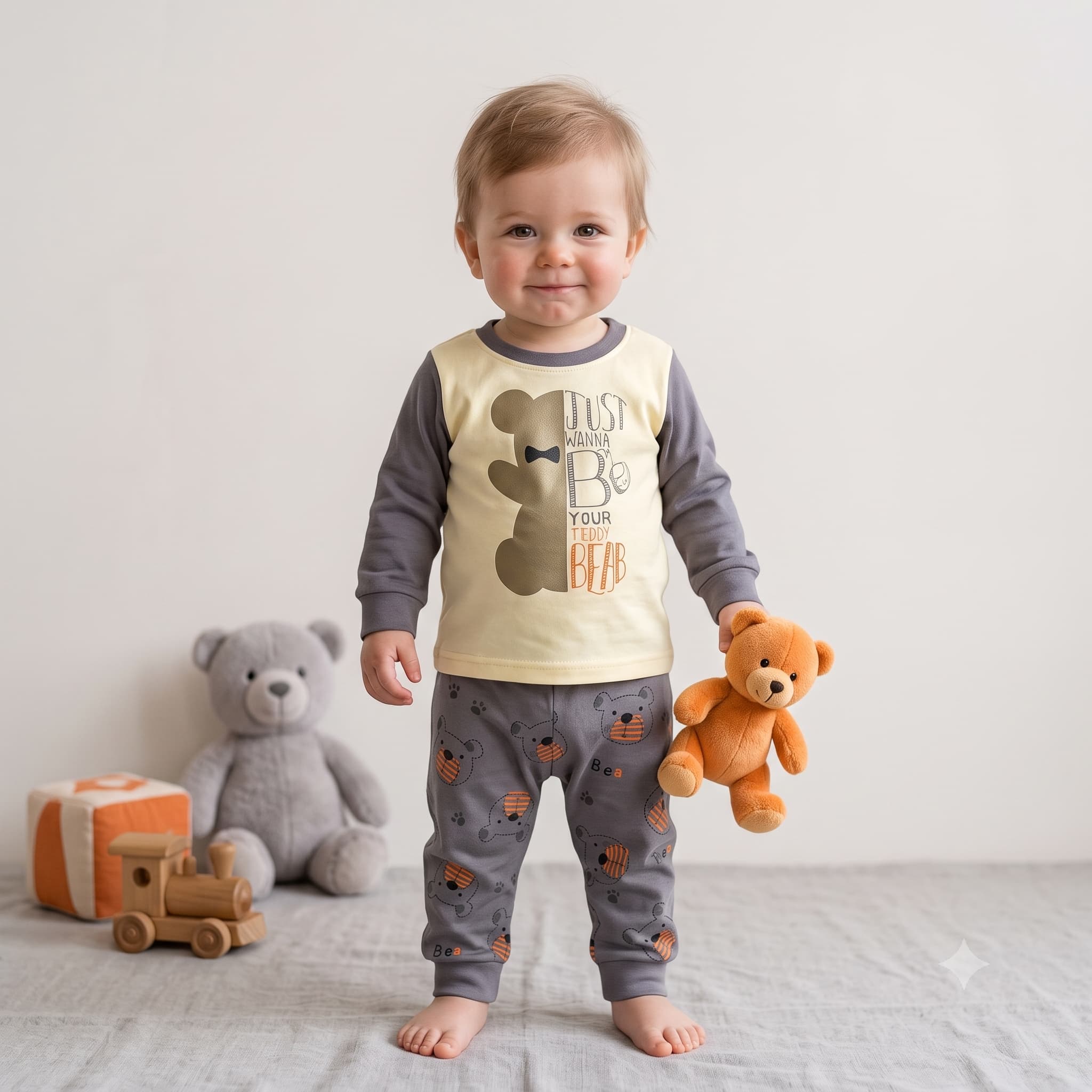 Teddy Hugs Baby Boys Full Sleeves Pajama Set - Cream