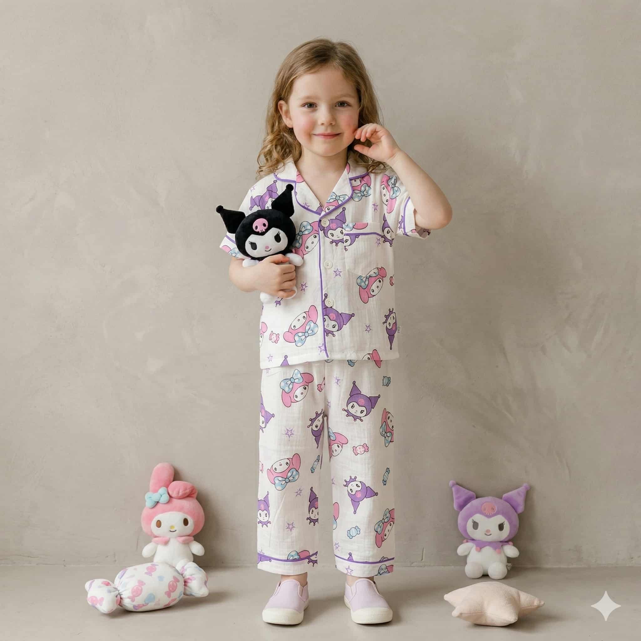 Kuromi Sister Girls Half Sleeves Pajama Set- White