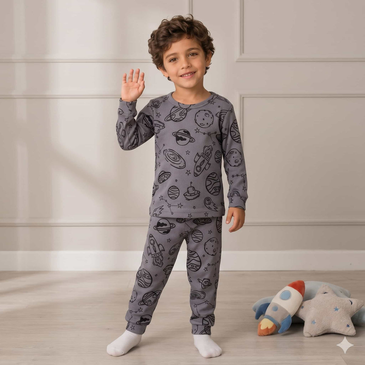 Cosmic Quest Boys Full Sleeves Pajama Set – Space Grey