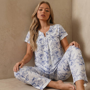 Blue Sketch Women Half Sleeves Pajama Set – White