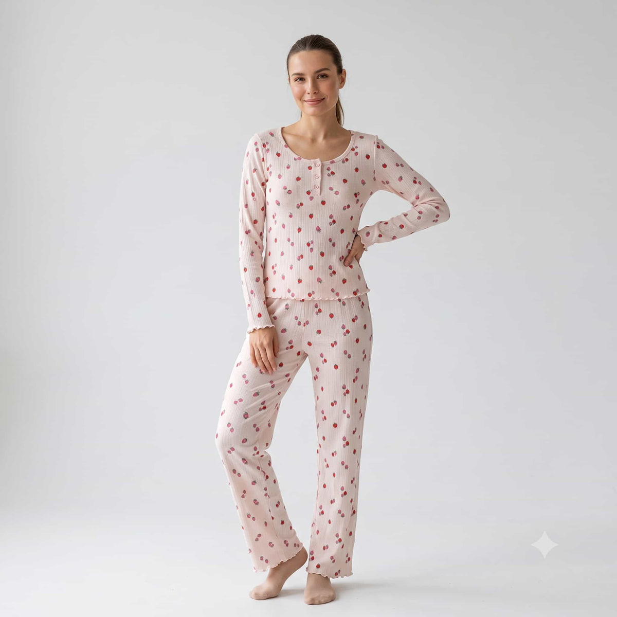 Strawberry Bliss Women Full Sleeves Pajama Set – Soft Pink