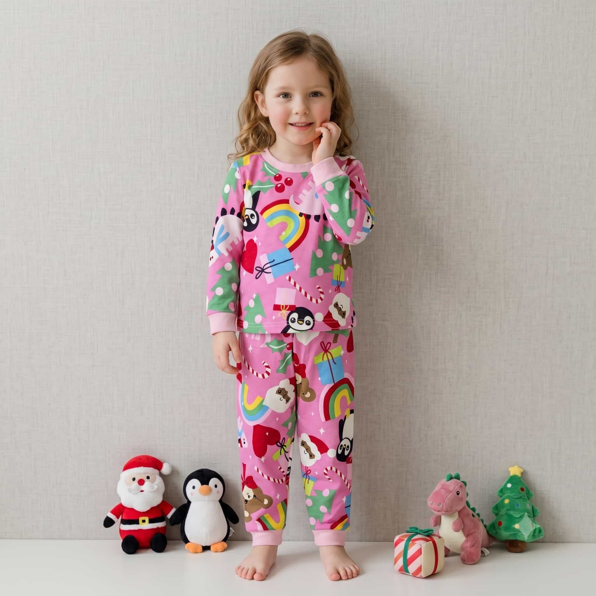 Festive Cheer Girls Full Sleeves Pajama Set - Pink