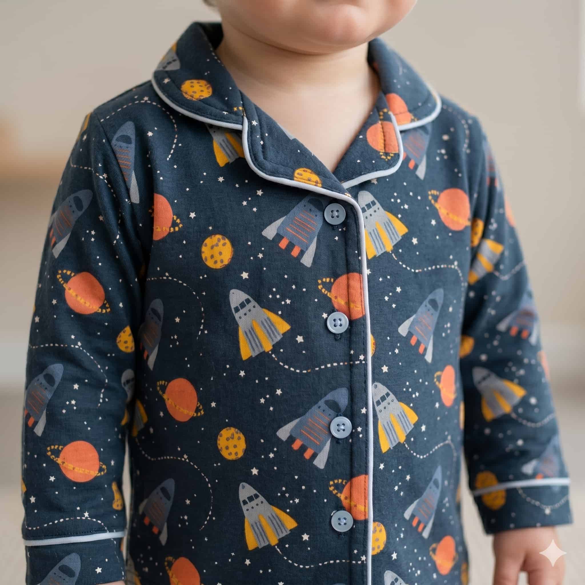 Cosmic Voyage Baby Boys Full Sleeves Pajama Set - Navy blue