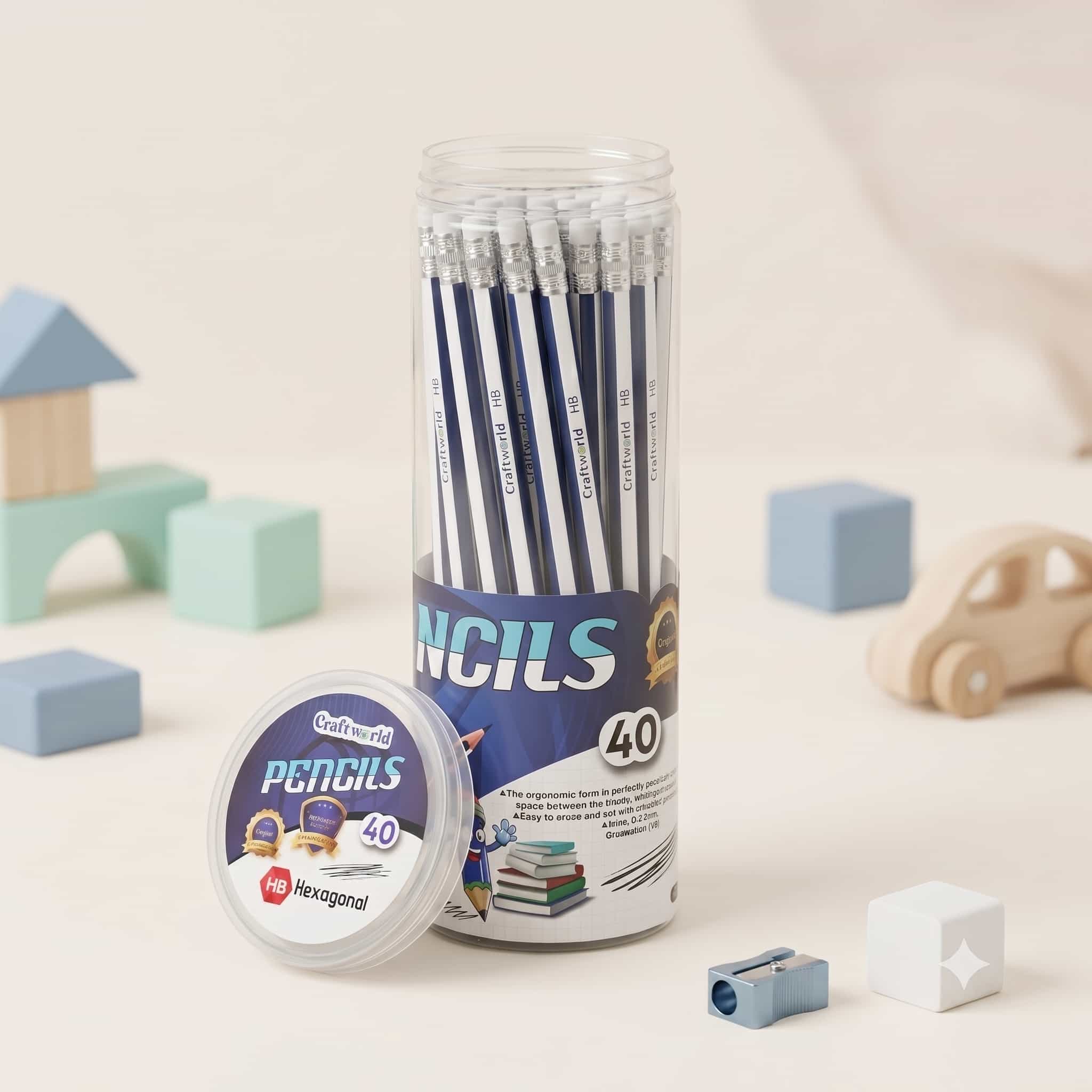 40 Craft World HB Pencils & Rubber - Blue