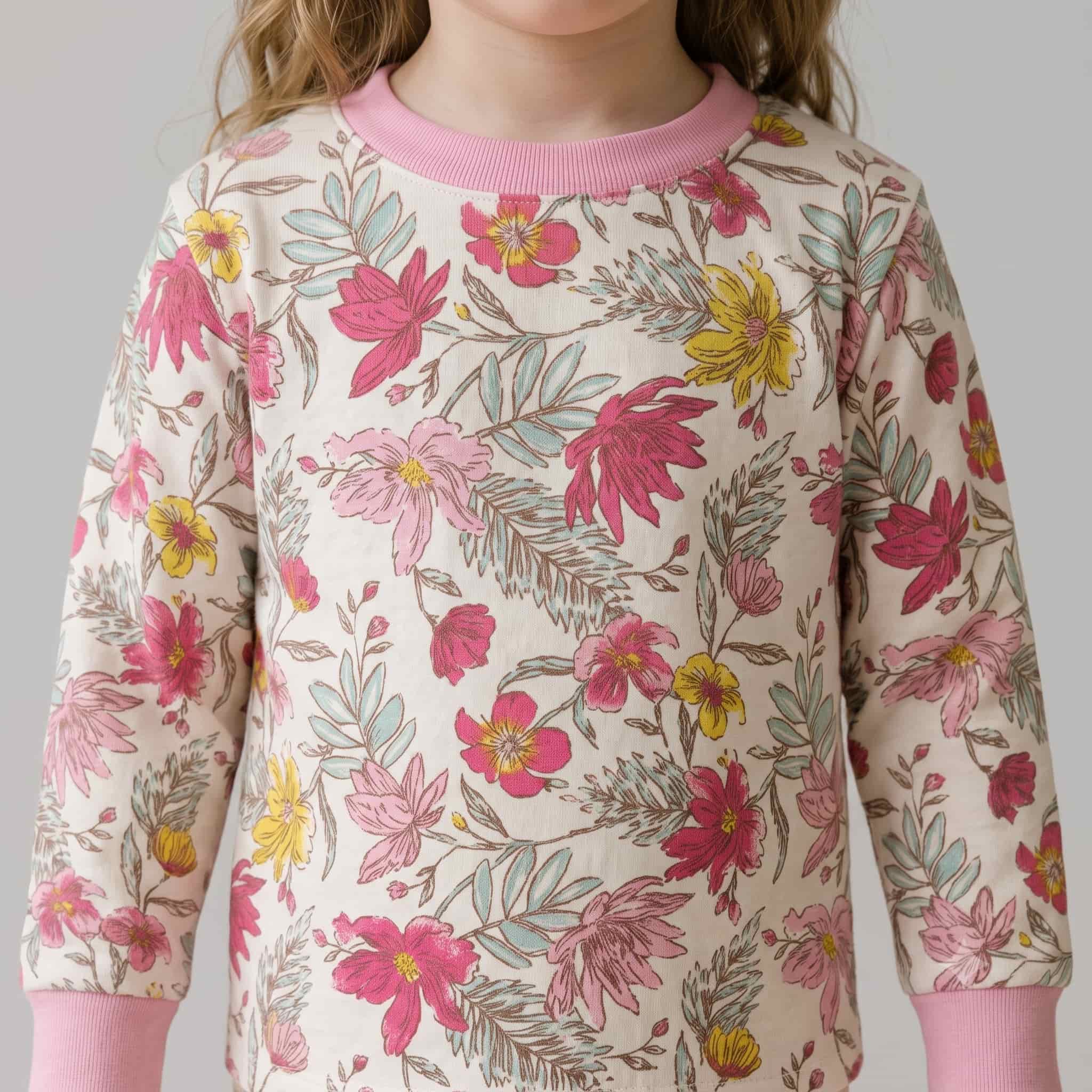 Tropical Bloom Girls Full Sleeves Pajama Set - Pink