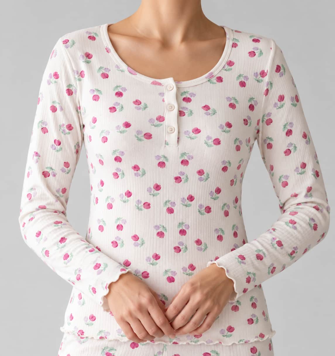 Cherry Bloom Women Full Sleeves Pajama Set – White