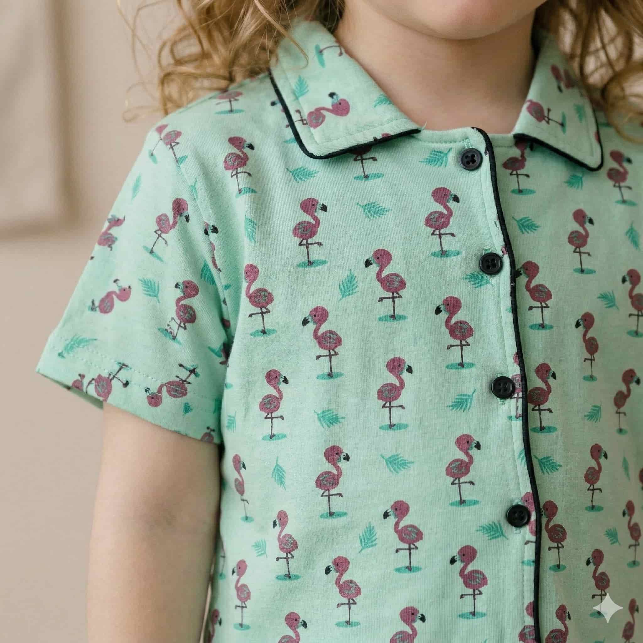 Flamingo Girls Button Pajama Set - Green