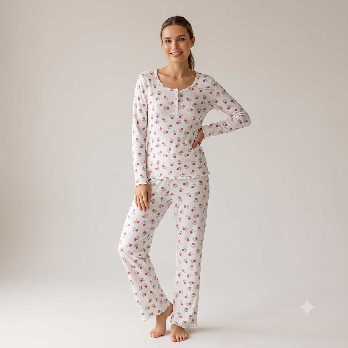 Cherry Bloom Women Full Sleeves Pajama Set – White