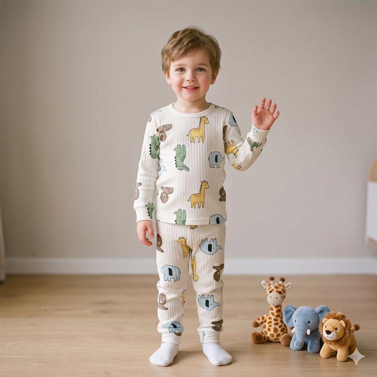Safari Snuggles Boys Full Sleeves Pajama Set – Ivory White