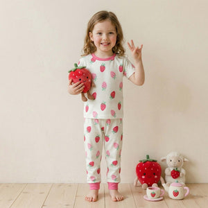 Sweet Strawberry Girls Short Sleeves Pajama Set -  Cream & Pink