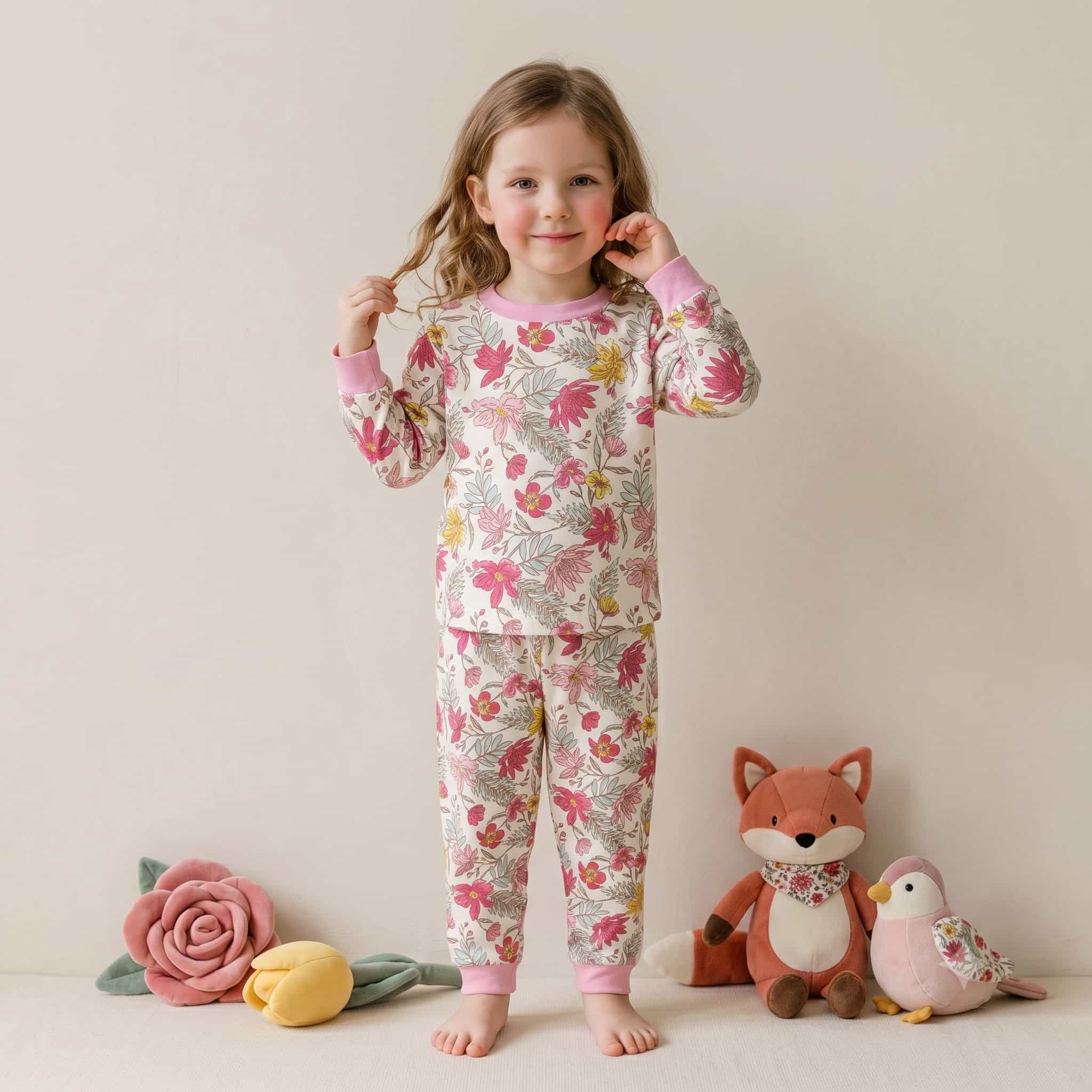 Tropical Bloom Girls Full Sleeves Pajama Set - Pink