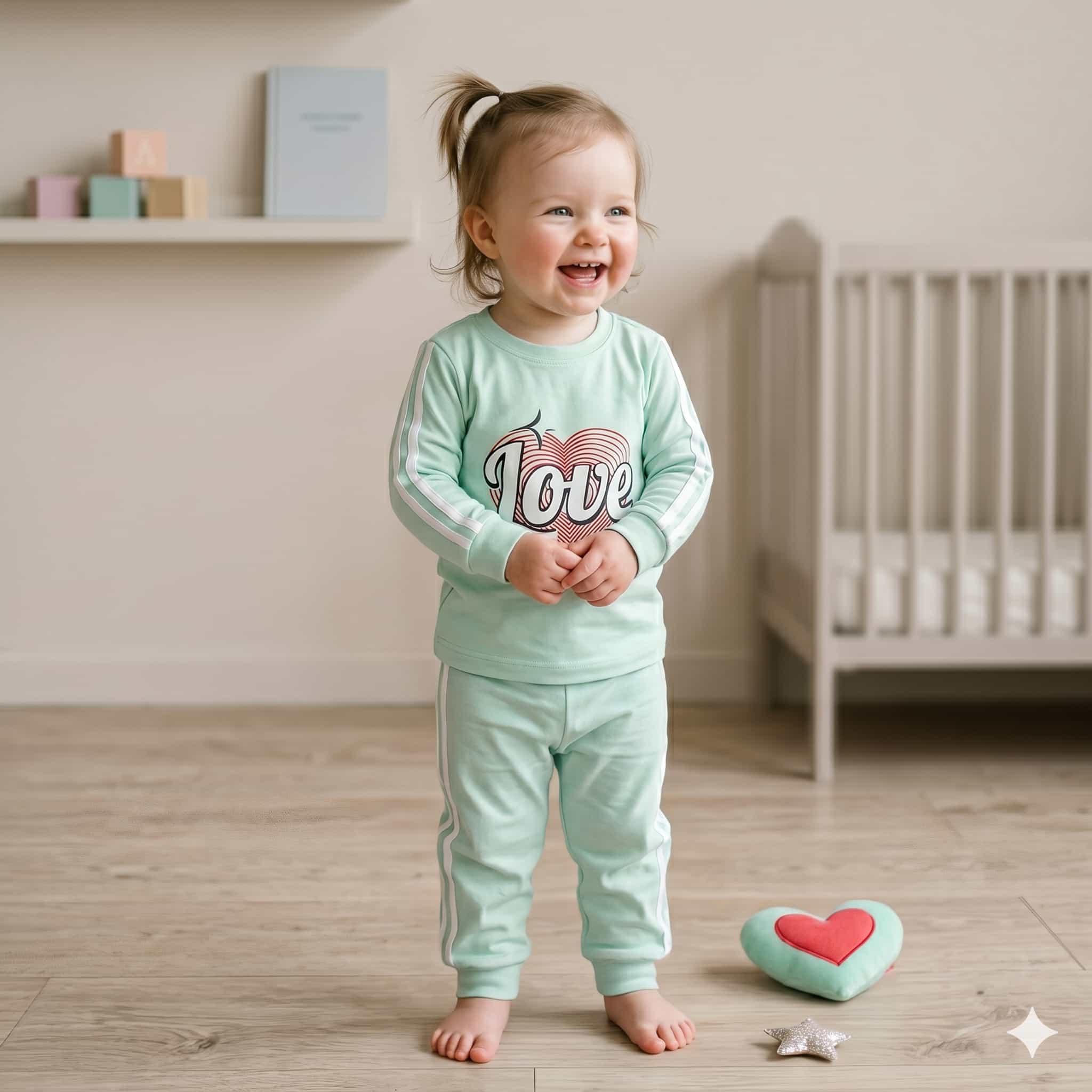 Retro Love Baby Girls Full Sleeves Set - Mint Green