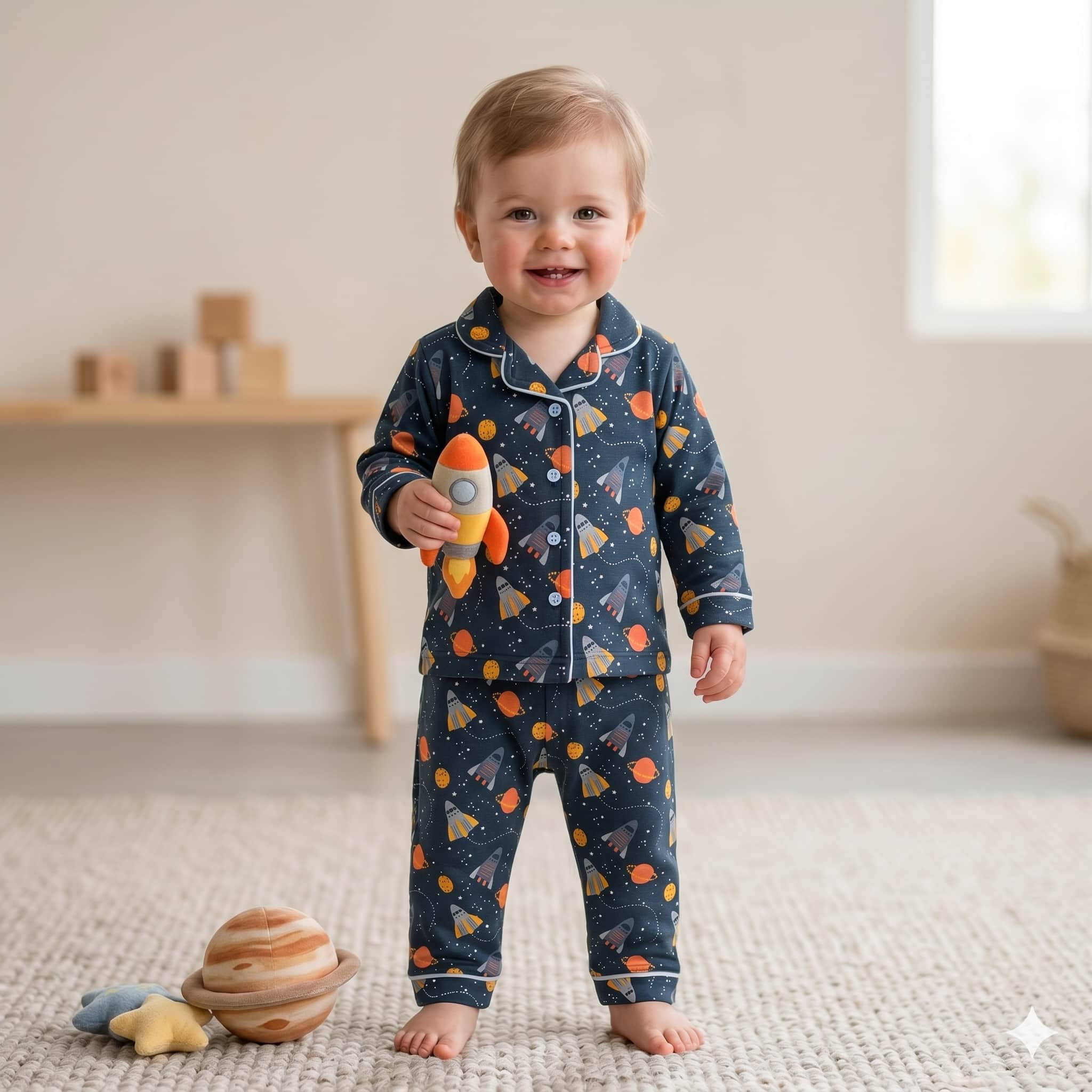 Cosmic Voyage Baby Boys Full Sleeves Pajama Set - Navy blue