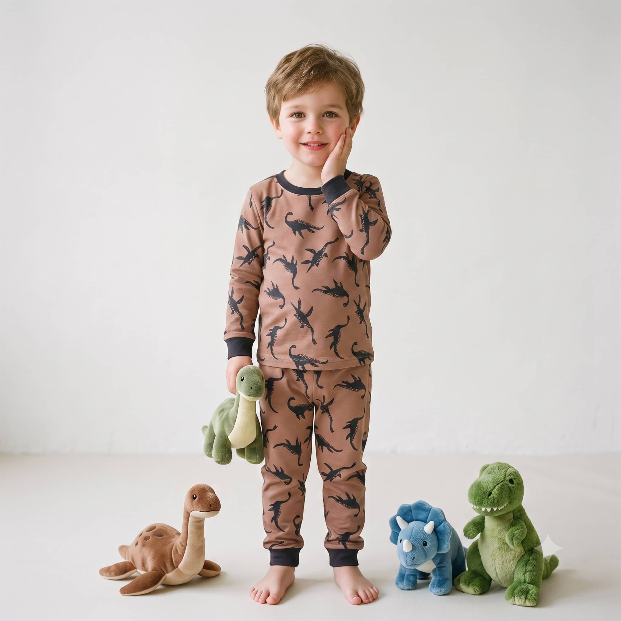 Jurassic Sea Boys Full Sleeves Pajama Set - Mocha Brown