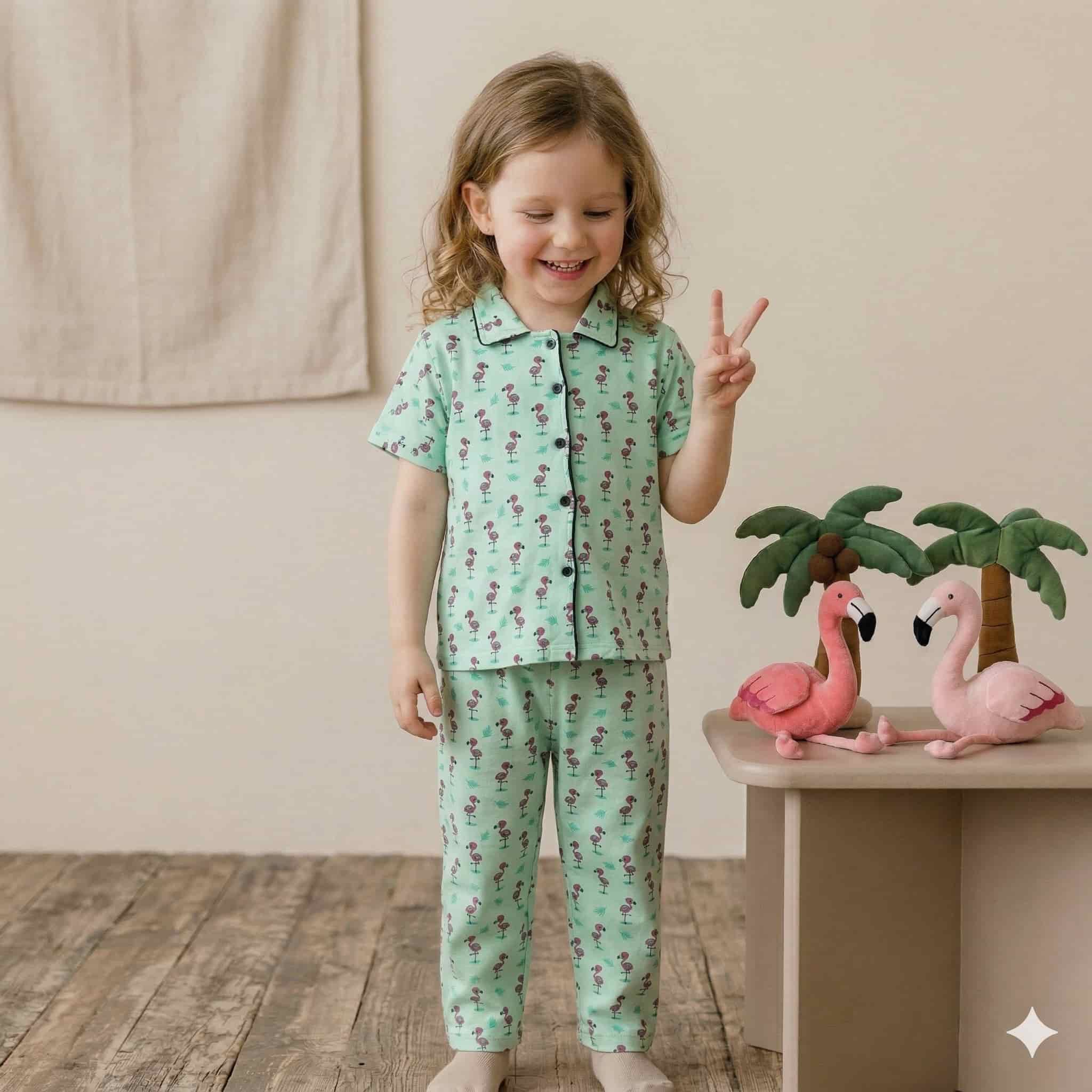 Flamingo Girls Button Pajama Set - Green