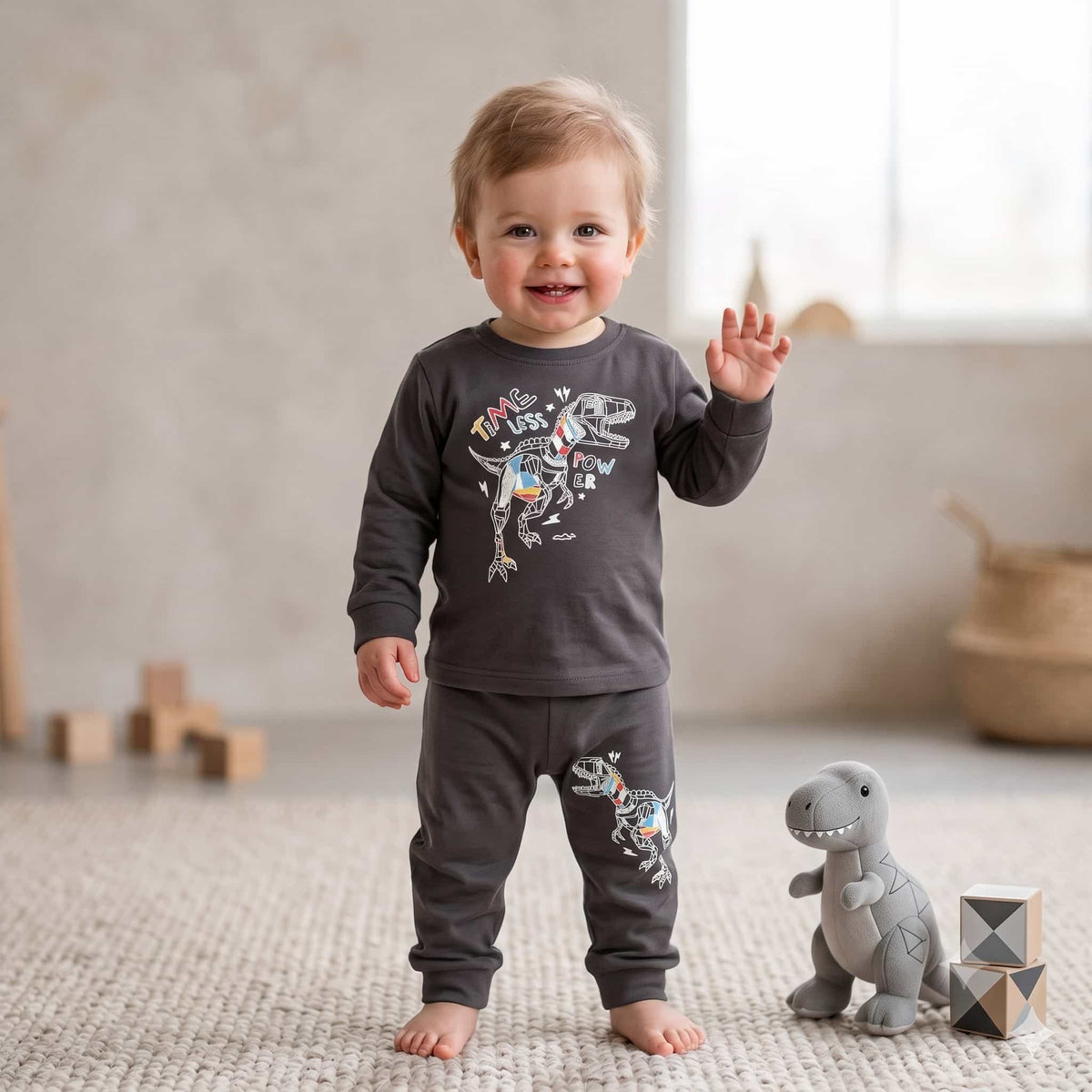 Dinasaur Roar Baby Boys Full Sleeves Pajama Set – Charcoal Grey