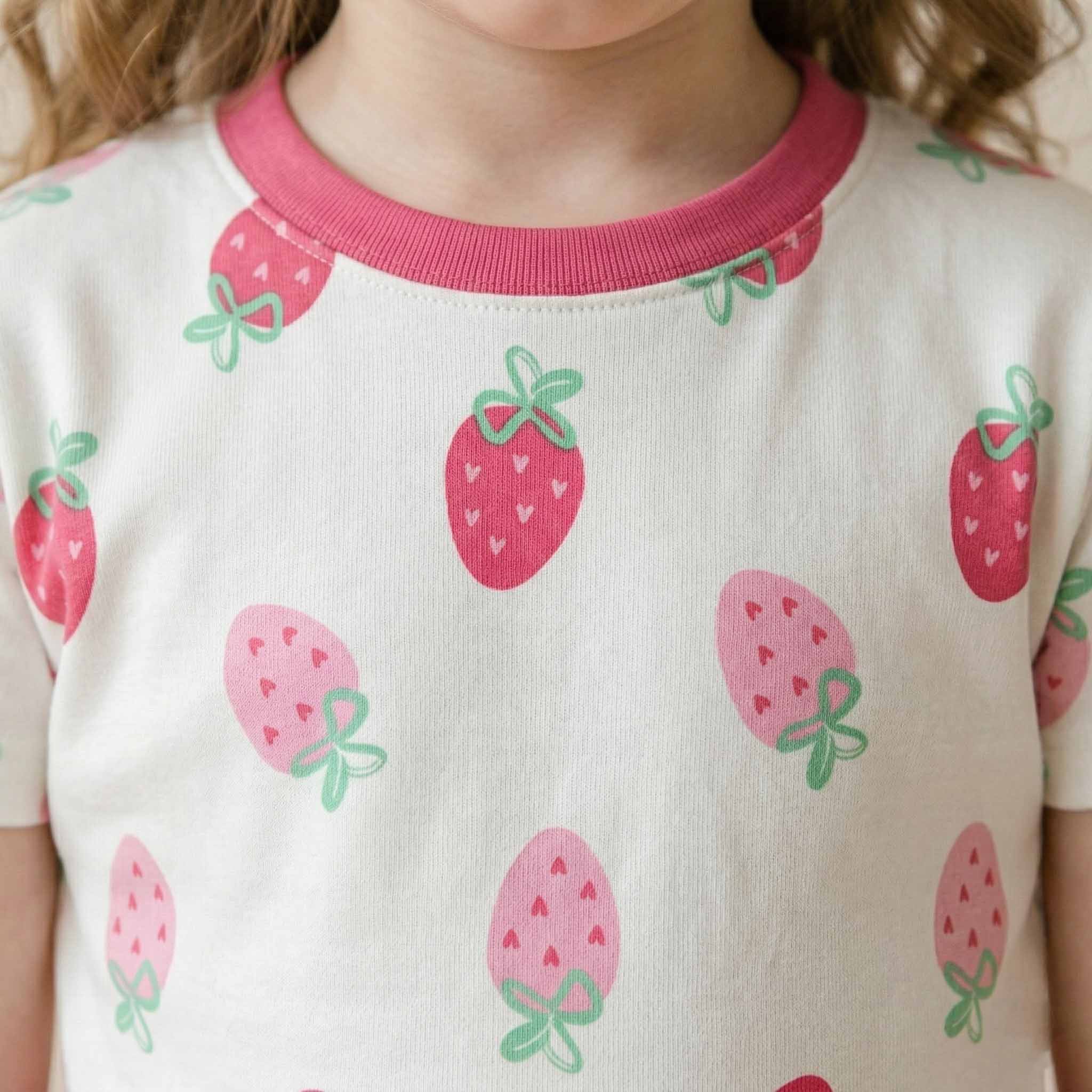 Sweet Strawberry Girls Short Sleeves Pajama Set -  Cream & Pink