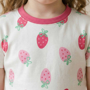 Sweet Strawberry Girls Short Sleeves Pajama Set -  Cream & Pink
