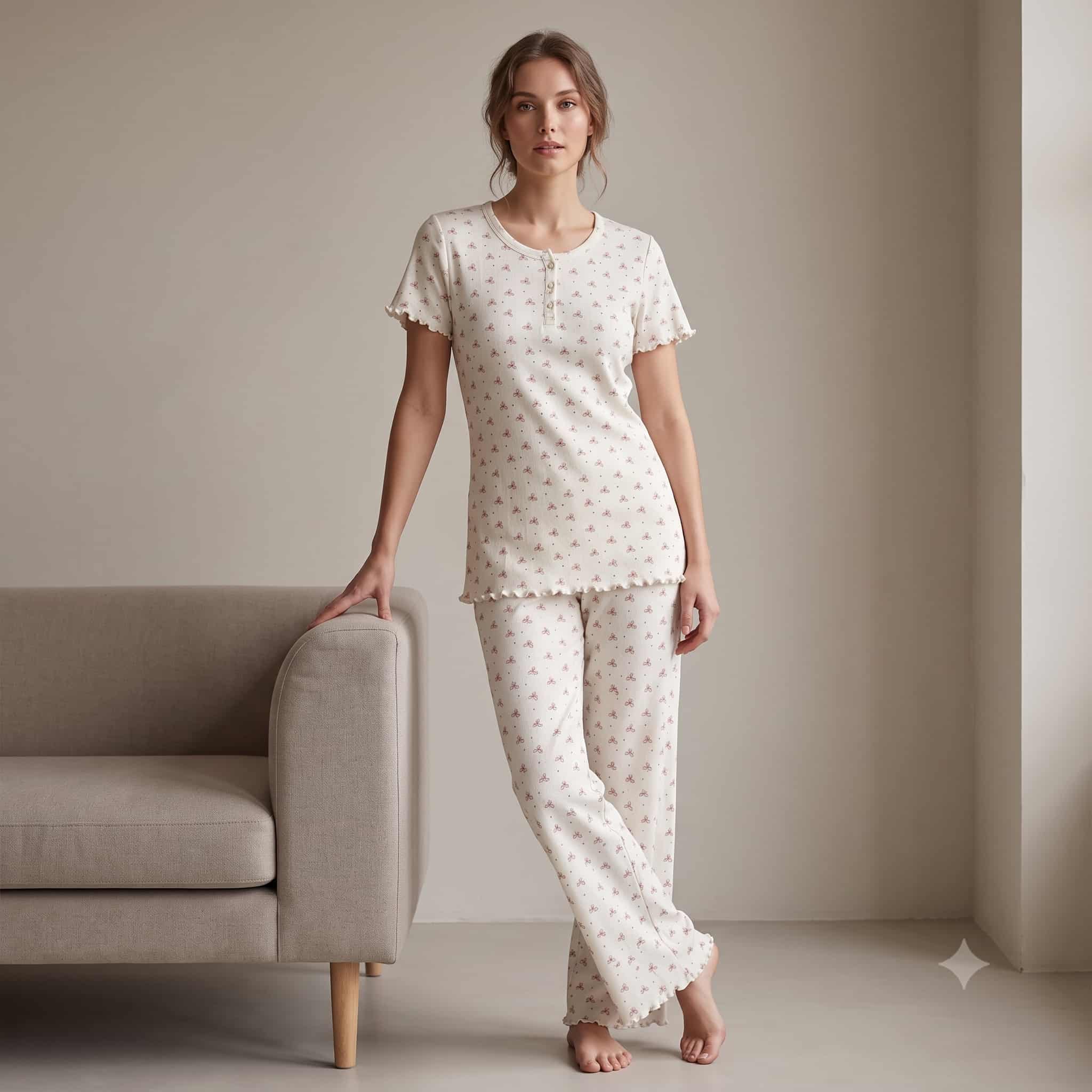 Butterfly Bliss Women Half Sleeves Pajama Set – Ivory White
