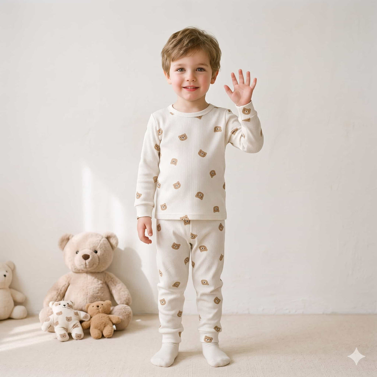 Teddy Dreams Boys Full Sleeves Pajama Set – Cream White