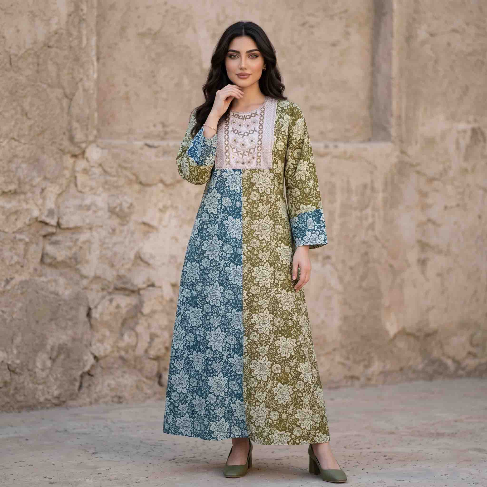 Rose Bloom Print & Embroidered Neck Women Darra - Blue & Green