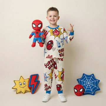 Super Hero Boys Full Sleeves Pajama Set - Cream