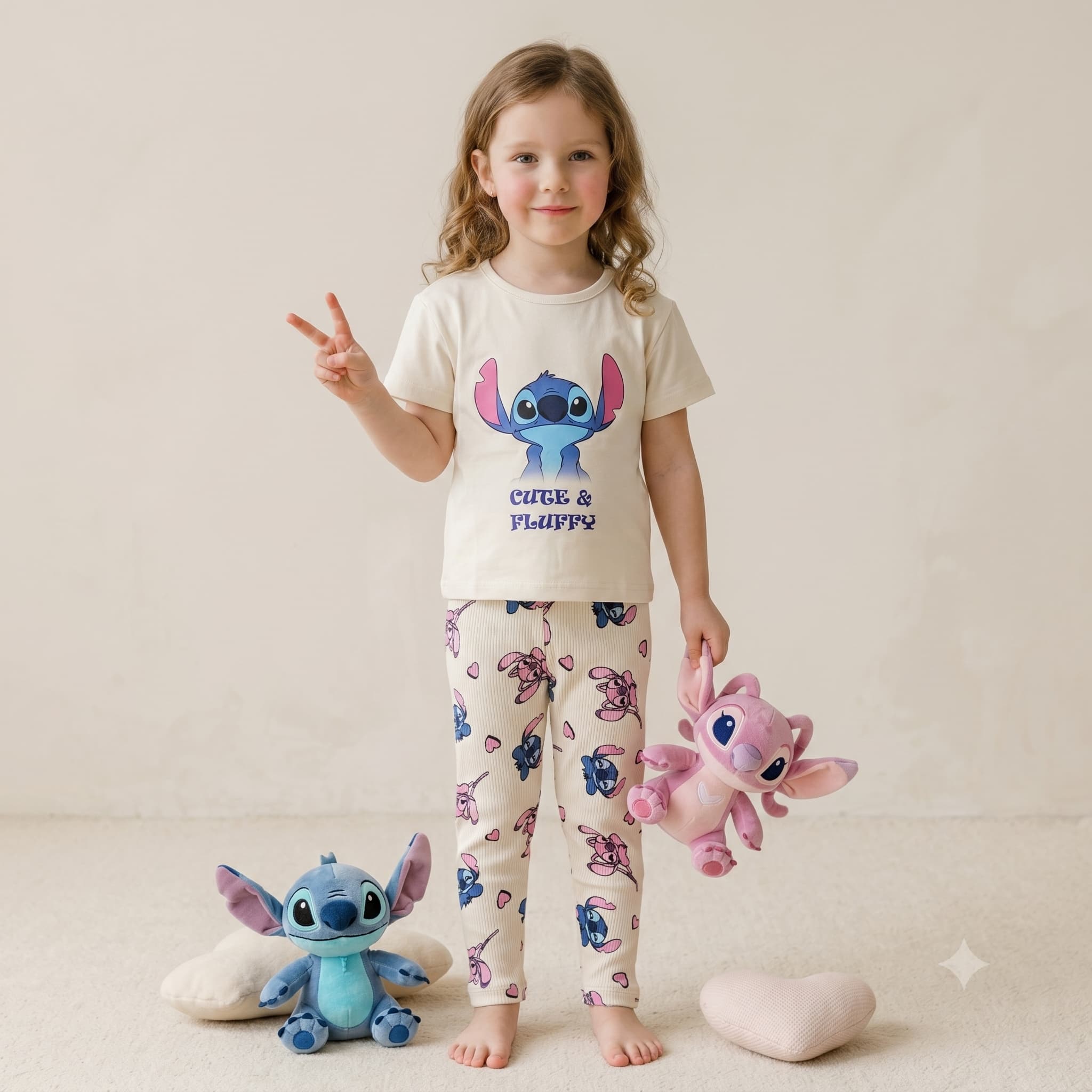 Cute Stitch Girls Half Sleeves Pajama Set - Cream