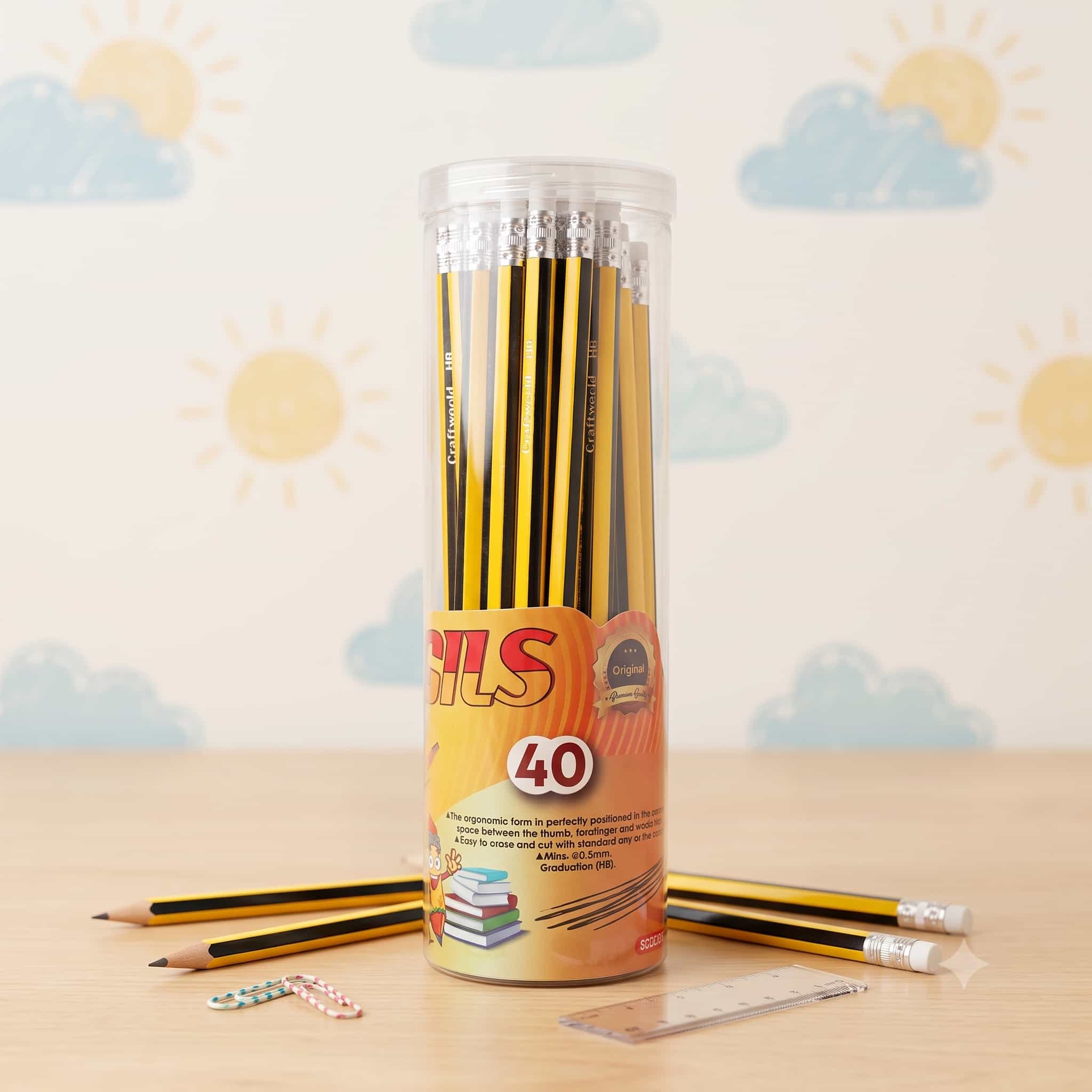 40 Craft World HB Pencils & Rubber - Yellow