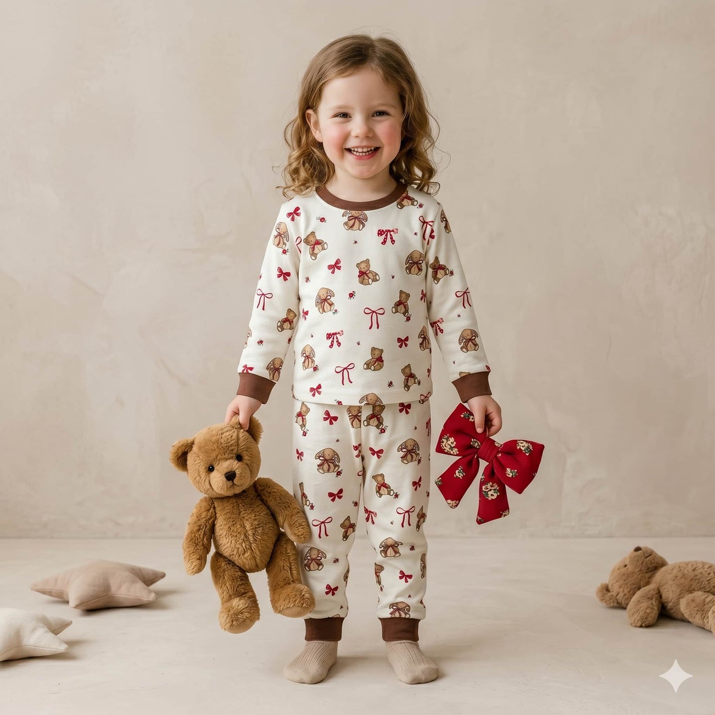 Teddy Whimsy Girls Full Sleeves Pajama Set - Cream