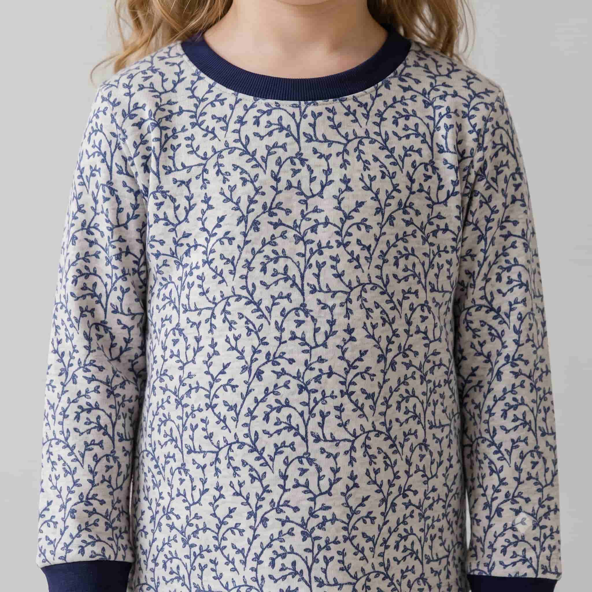 Winding Vines Girls Full Sleeves Pajama Set - Navy